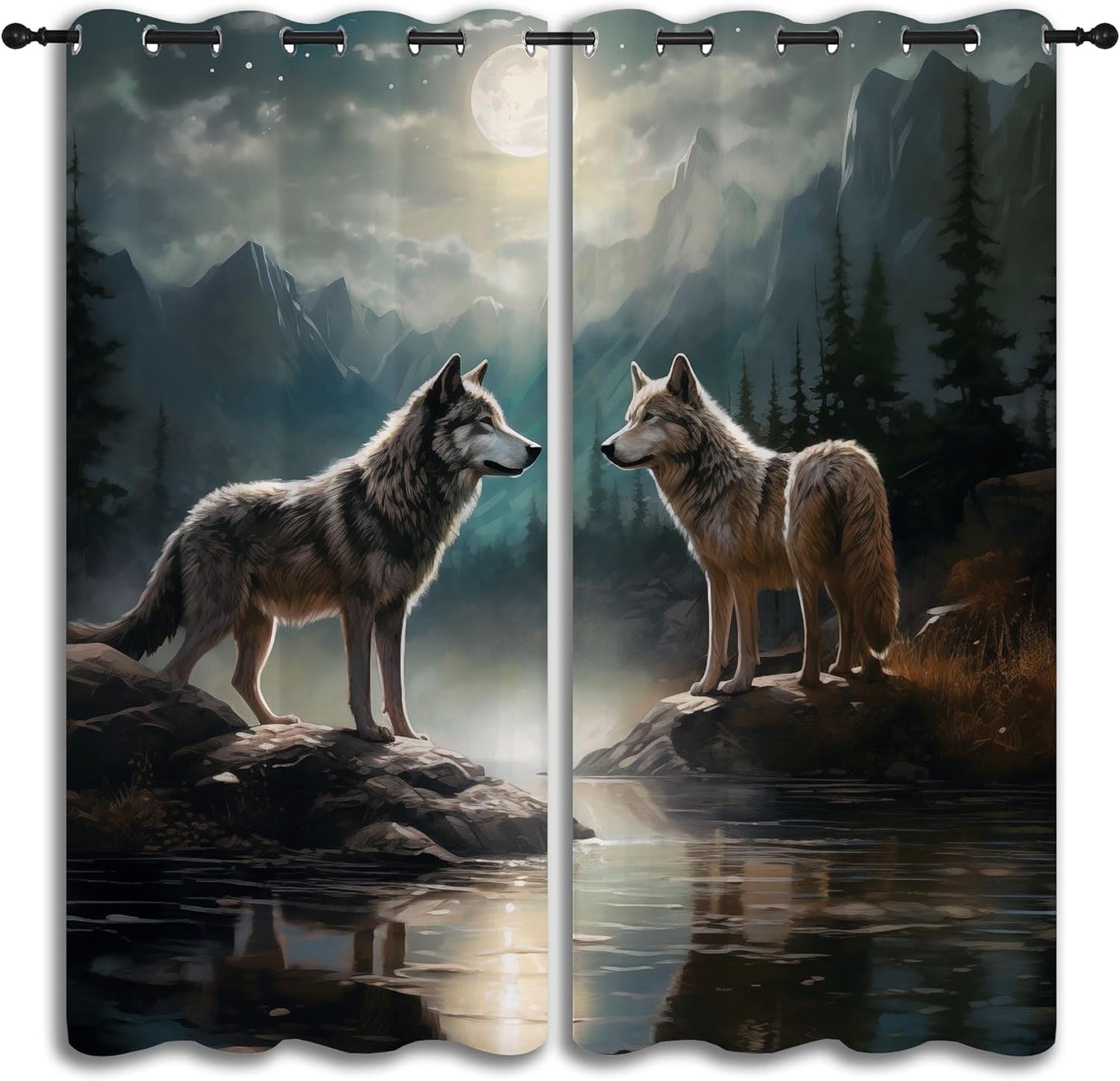 Wolf Blackout Curtains for Boys Girl Bedroom Decor,Moon Mountain Pine Forest Wild Animals Thermal Insulated Grommet Drapes Darkening Window Curtain for Living Room Home 84x63 inch