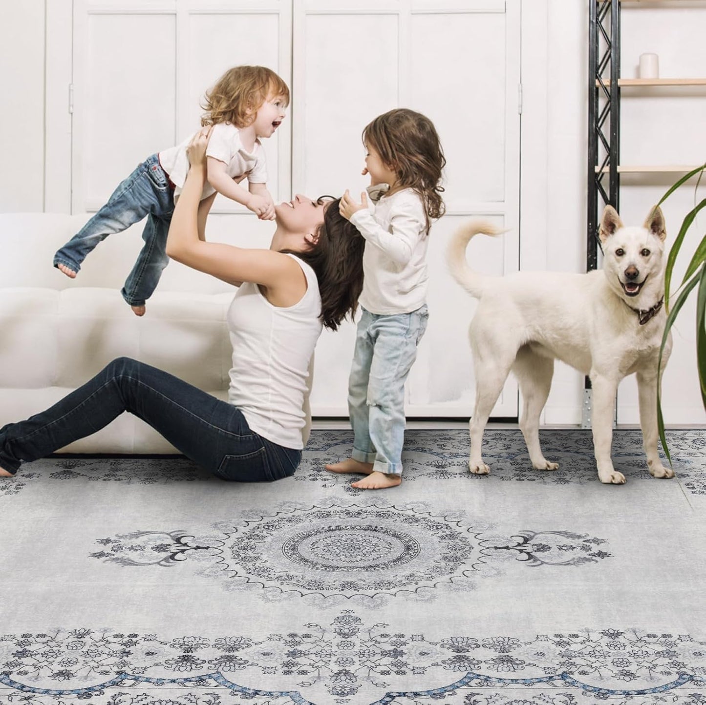 Washable Area Rugs 8x10, Large Rugs for Living Room, Carpet for Bedroom, Soft Faux Wool Retro Dining Room Rug, Non-Slip Backing Resistant Low Pile Vintage Print Rug for Home Office (Grey)