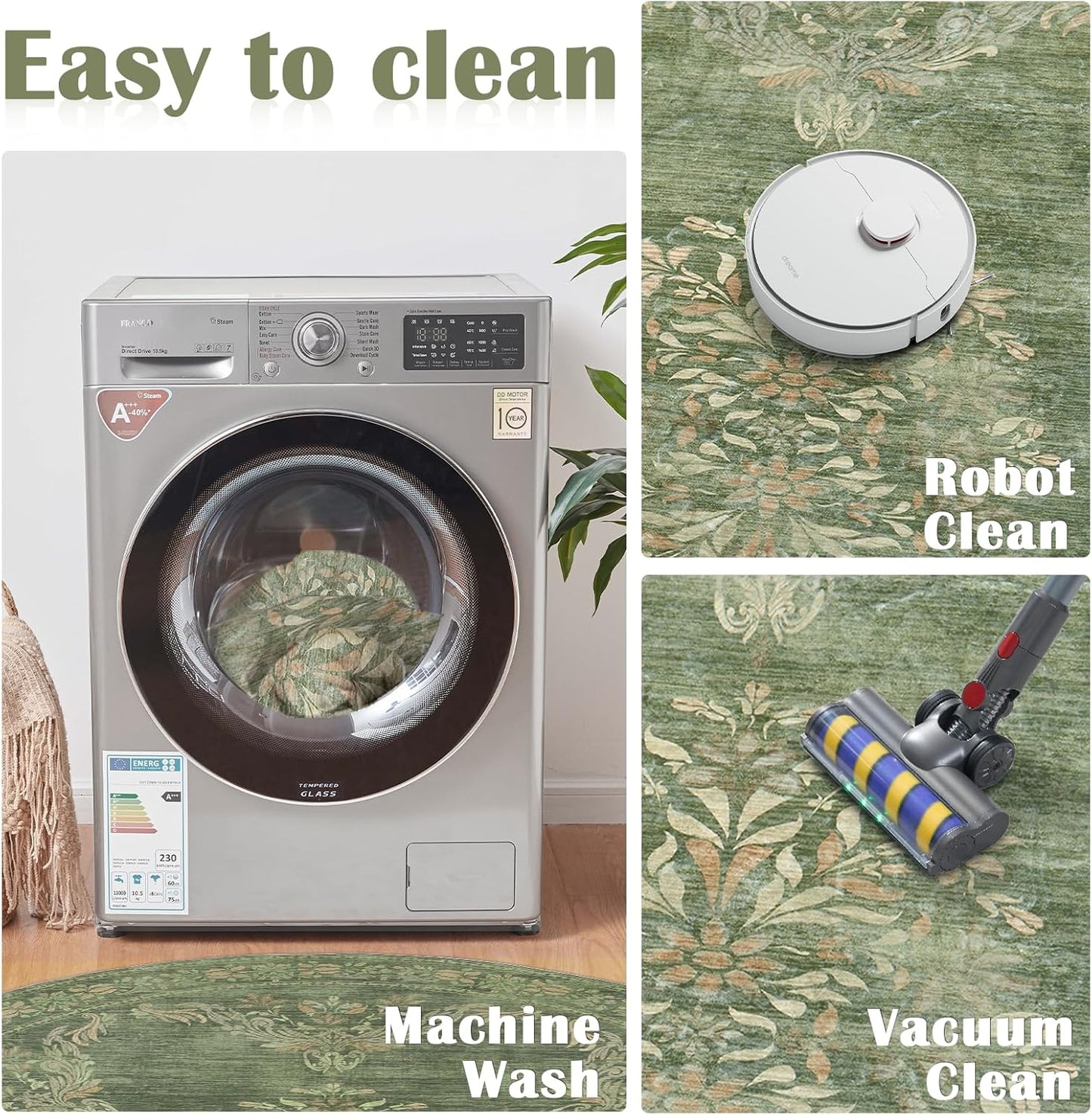 jinchan Round Rug 6ft Area Rugs Vintage Floral Distressed Design,Machine Washable Soft Non-Slip Low-Pile Ultra-Thin Circle Rug for Bedside Living Room Dining Room Bedroom (6' Round, Dark Green)