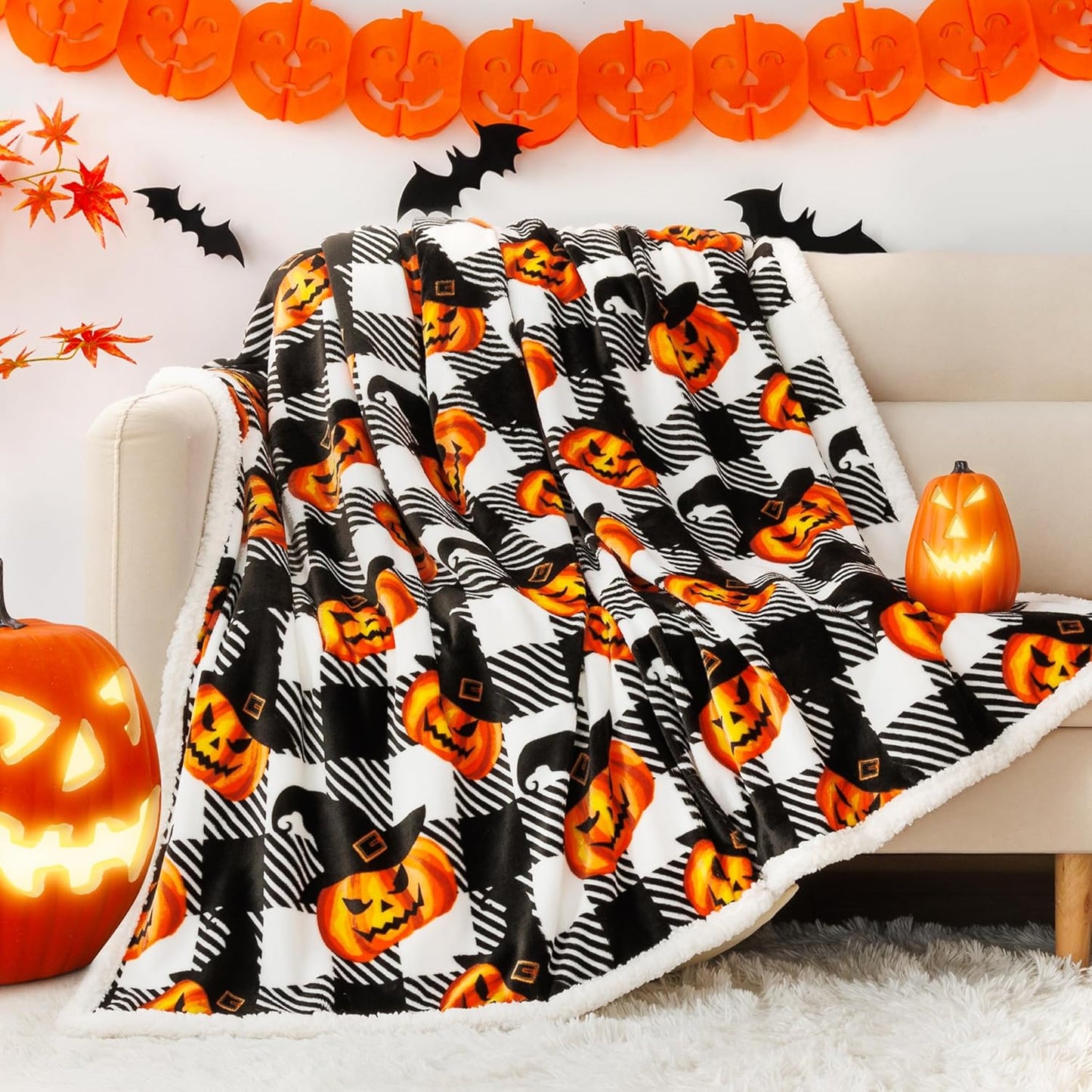 Touchat Halloween Blanket Twin Size 60" X 70"，Pumpkin Sherpa Fall Fuzzy Fluffy Soft Cozy Blankets, Fleece Flannel Plush Microfiber Throw for Couch Bed Sofa, Halloween Decor (BlackHalloween)