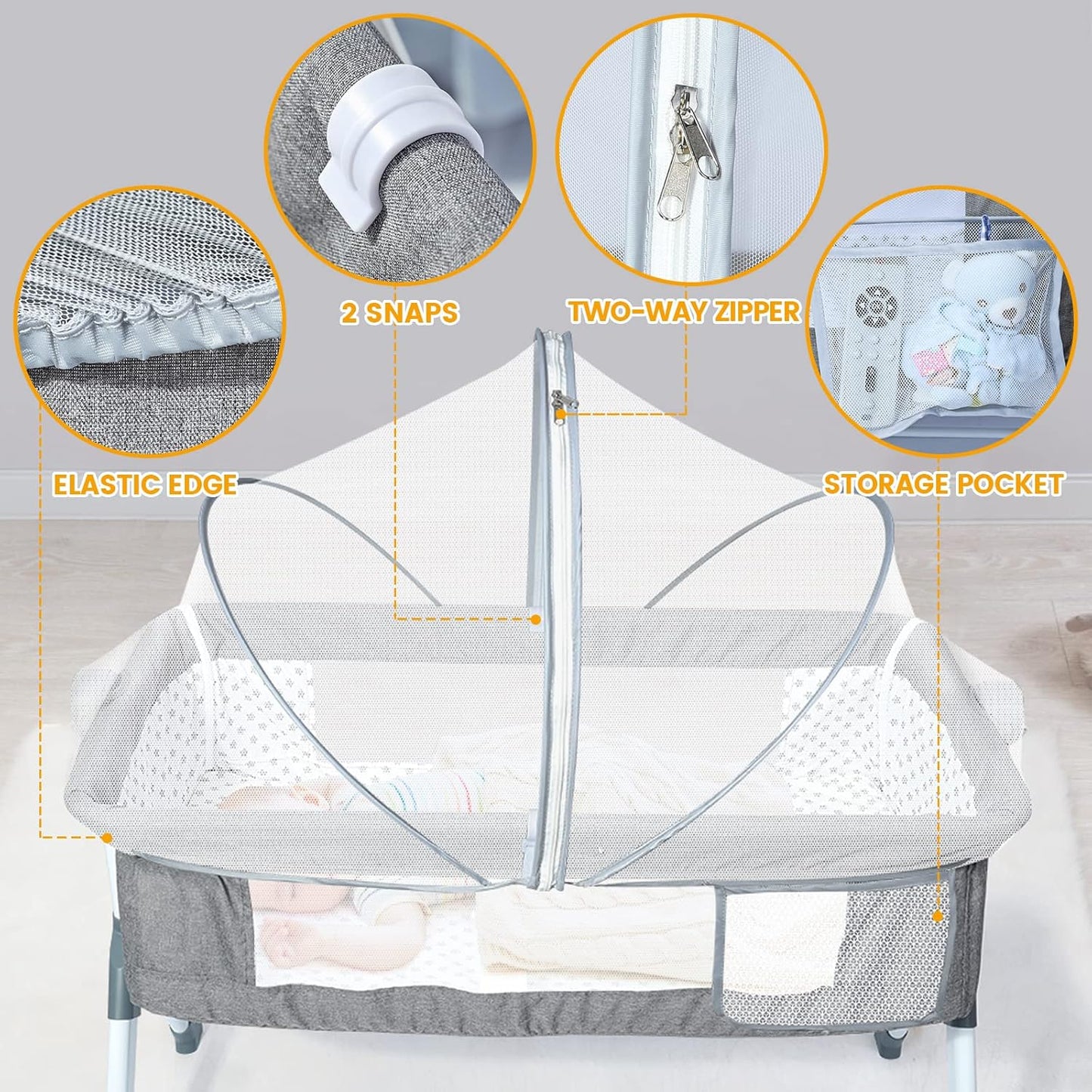 Orzbow Bassinet Cover with Two-Way Zippers & Storage Bag, Bassine Mosquito Net Cover for Bedside Sleeper to Keep Cats Out - Infant from Mosquito Bites and Falling Protection, White