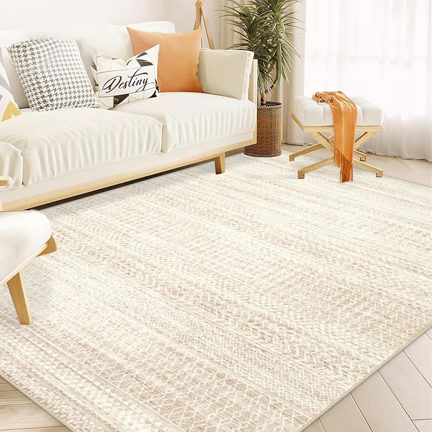 Moroccan Large Area Rug 6x9 - Soft Machine Washable Geometric Boho Distressed Farmhouse Rug Morden Stain Resistant Indoor Floor Carpet for Bedroom Dining Table Nursery Home Office(6'x9',Ivory Beige)