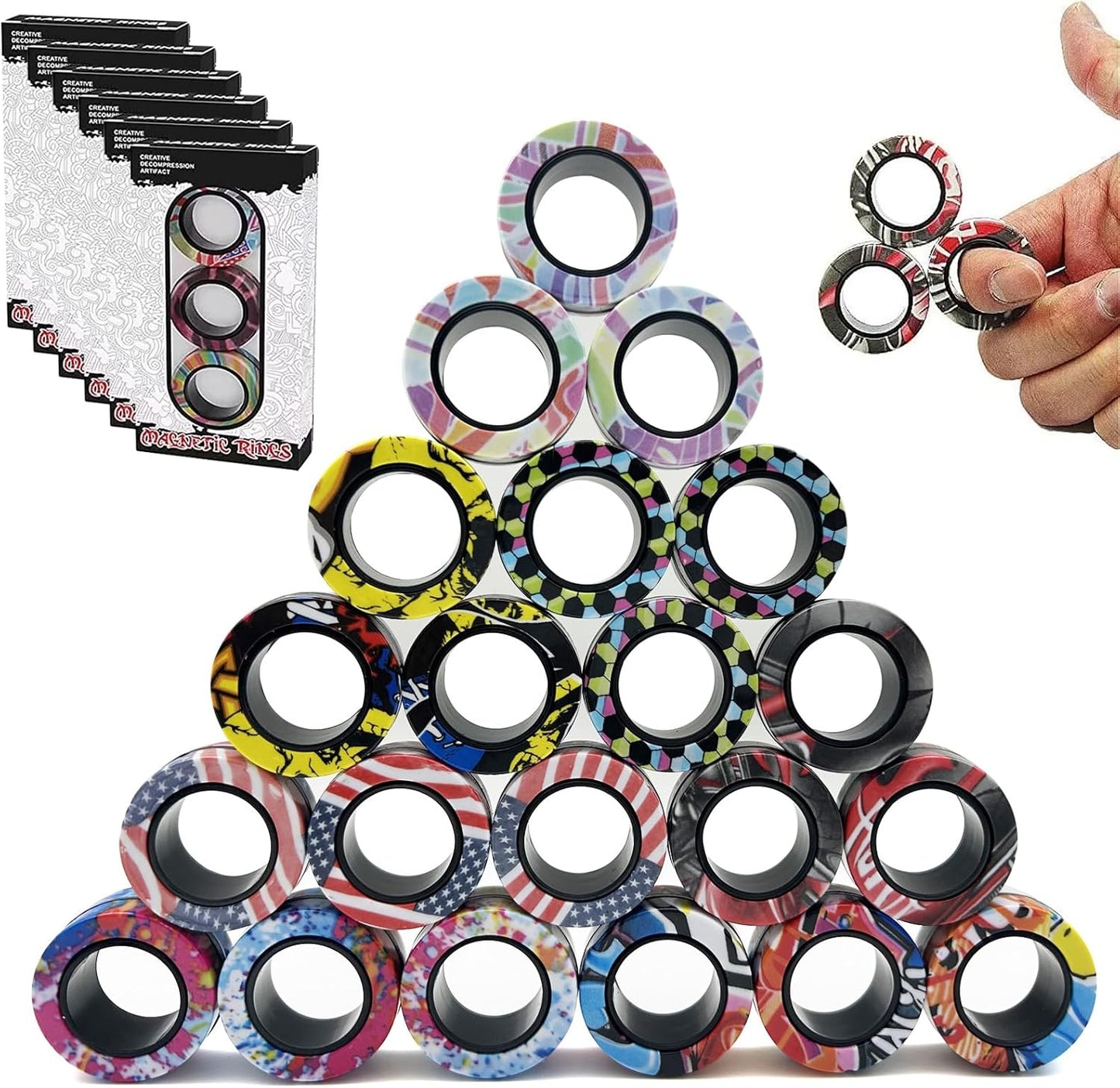 24Pcs Magnetic Rings Fidget Toys Spinner Set,Finger Magnet Rings Endless Hours of Fun ADHD Stress Relief Fidget Spinner for Relieve Anxiety Birthday for Adults Teens Kids