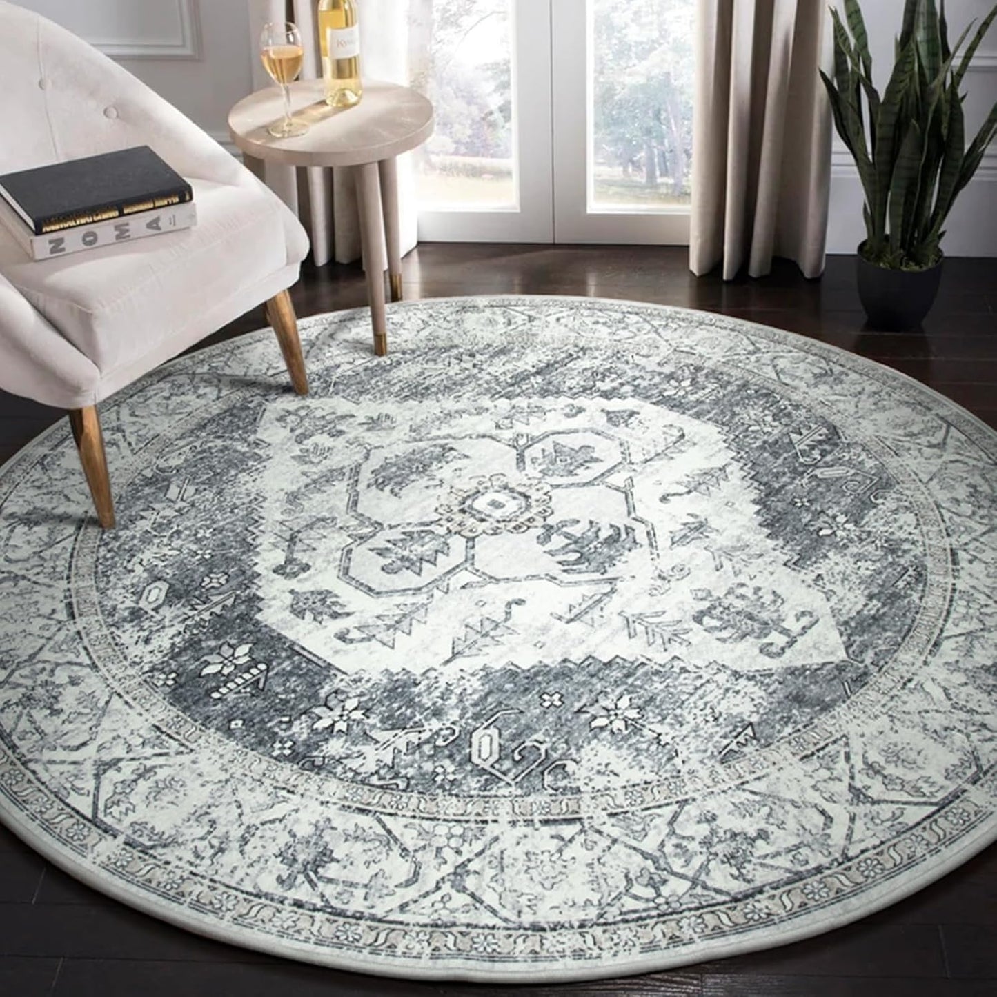 Lahome Boho Round Rugs - 6ft Washable Round Area Rugs for Living Room Grey Non-Slip Throw Dining Room Rug Large Circle Bedroom Rug, Oriental Distressed Print Indoor Rug Round for Entryway Office