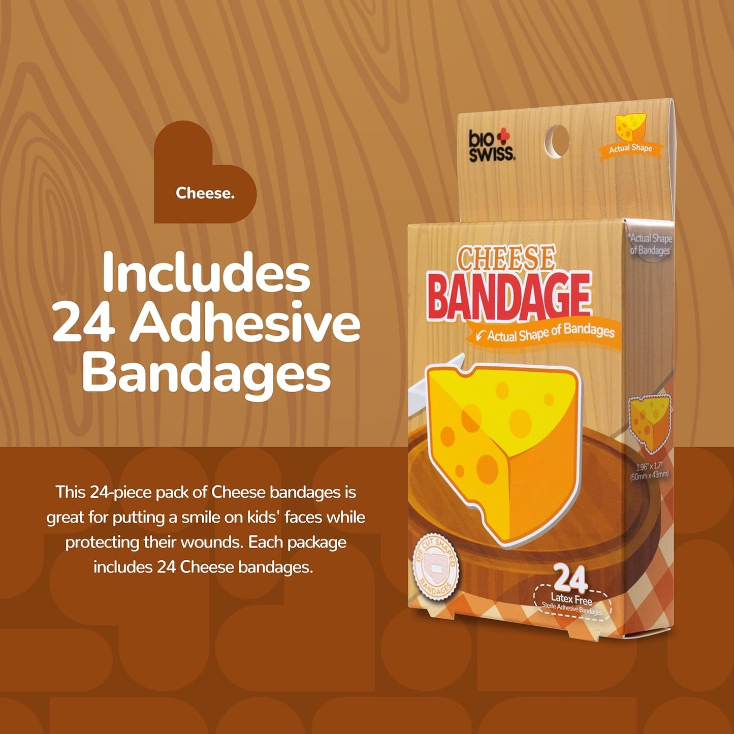 BioSwiss Bandages, Cheese Shaped Self Adhesive Bandage, Latex Free Wound Care, Fun First Aid Kit Supplies for Kids and Adults, 24 Count