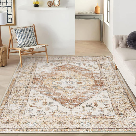 Lahome 5x7 Boho Machine Washable Area Rug (Non-Slip Lightweight Low-Pile)(Oriental Distressed Print for Living,Bedroom,Office)