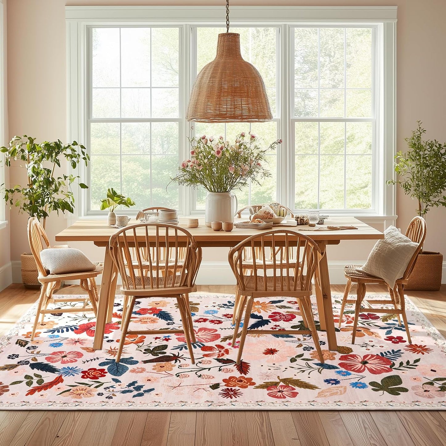 Living Room 6x9 Area Rugs Machine Washable Ultra-Thin Soft Non Slip Carpet Rug Vintage Boho Flower Stain Resistant Large Rug for Bedroom Dining Room Indoor Nursery Guest Room Home Decor,Beige
