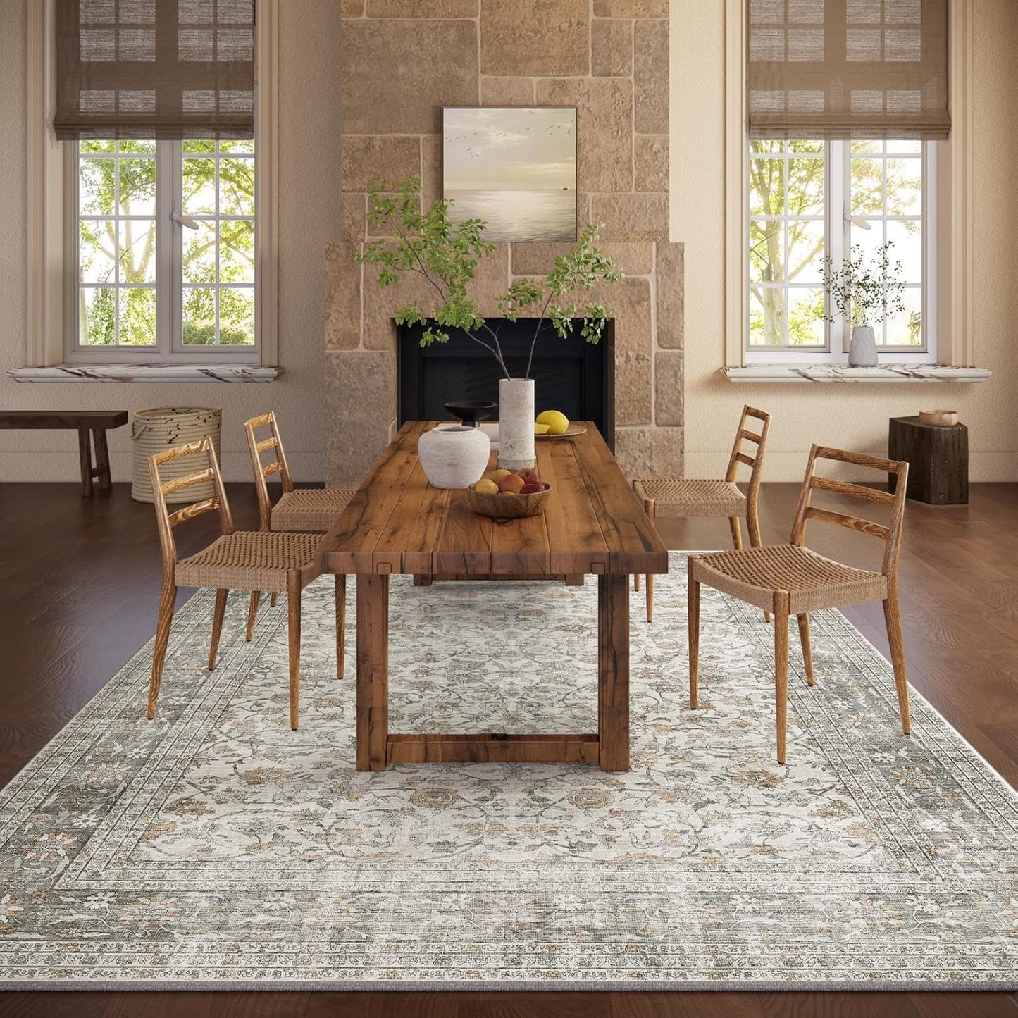 Machine Washable Rugs for Living Room: 6x9 Area Rugs for Bedroom Vintage Stain Resistant Non Slip Low Pile Soft Boho Carpet for Kitchen Dining Room Farmhouse Kids Room Nursery