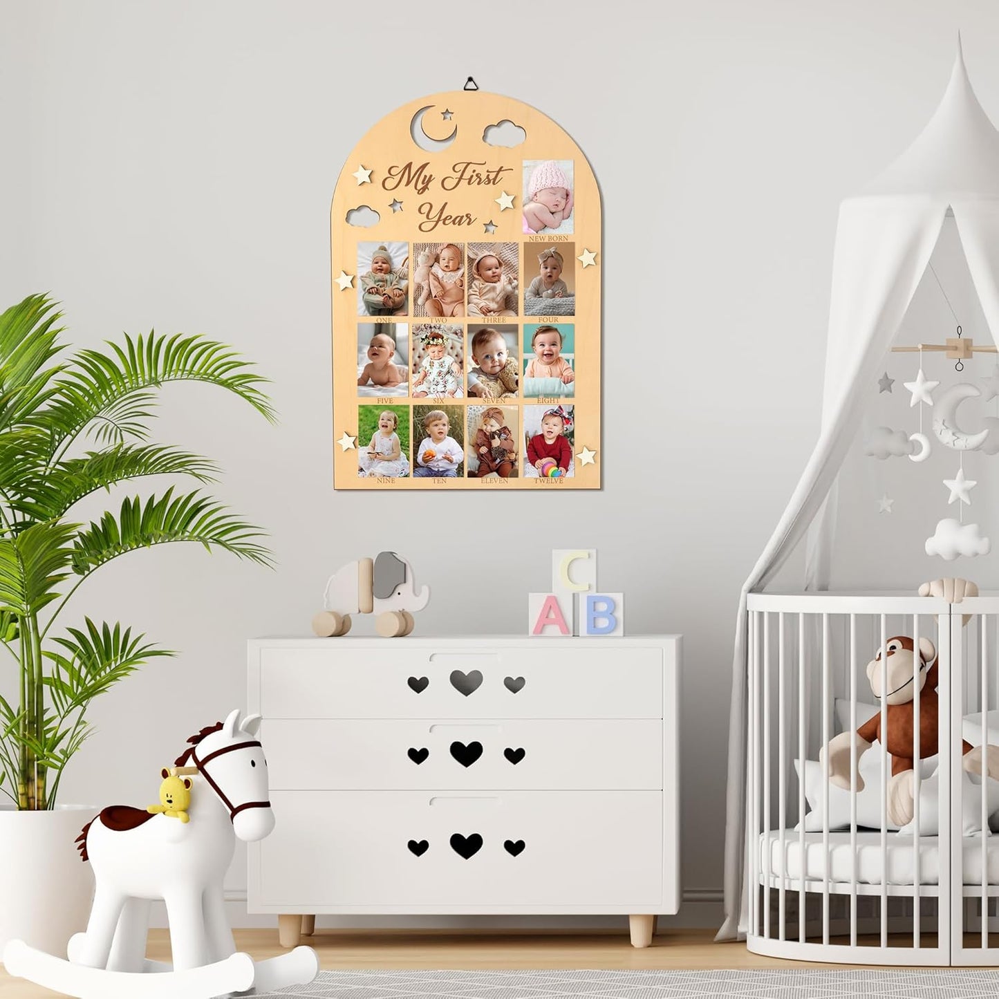 R HORSE My First Year Photo Frame Board - 3D Star Baby First Year Picture Frame 12 Months Milestone Photo Display Wood Board Baby Keepsake 1st Birthday Nursery Decor Gift for Boy Girl