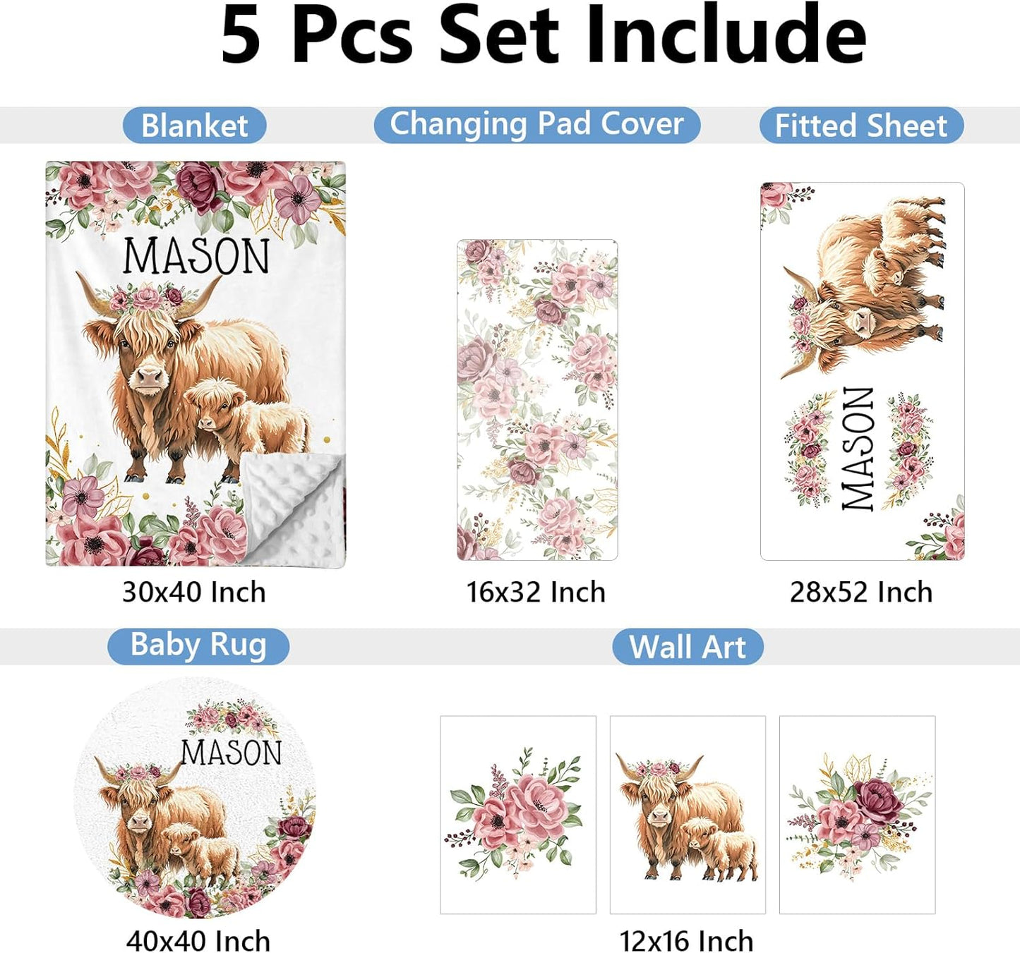 Personalized Baby Bedding Set, 5 Pcs Custom Baby Crib Set with Name, Soft Flannel Highland Cow Crib Bedding Set for Girls, Double Layer Nursery Bedding Set, New Parents Toddlers Infants Gift