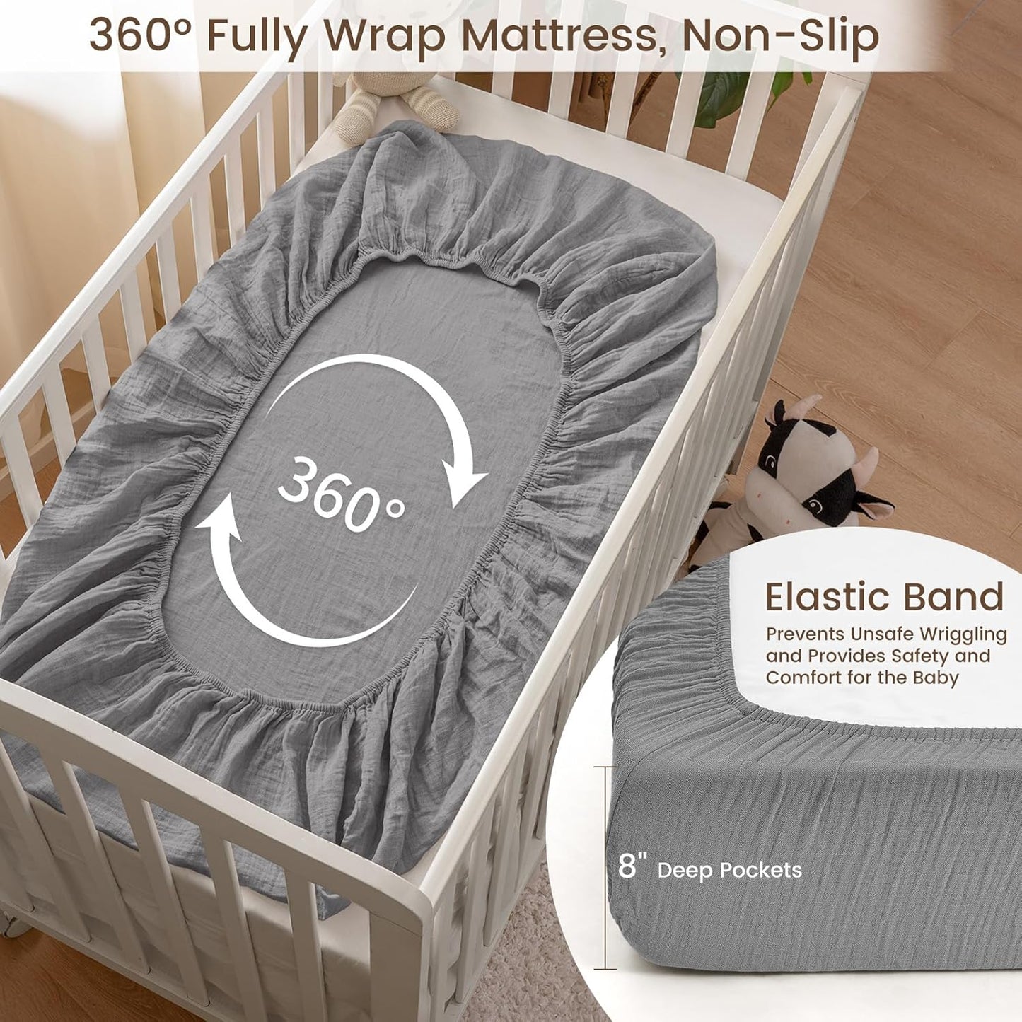 david's kids Muslin Crib Sheets for Boys Girls, 2 Pack 100% Cotton Soft Breathable Fitted Baby Sheet Set, 28x52 Inch Fits Standard Crib and Toddler Mattresses, Beige & Grey