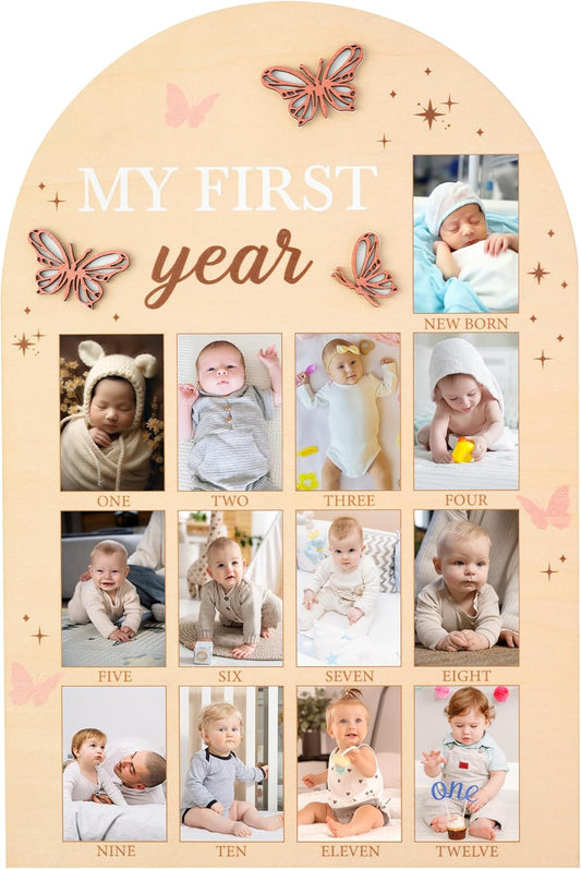 R HORSE My First Year Photo Frame Board, 3D Butterfly Baby First Year Picture Frame 12 Months Milestone Display Wood Board Baby Keepsake 1st Birthday Nursery Decor Gift for Boy Girl