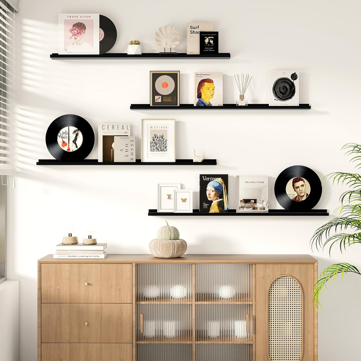 Picture Ledge Shelf for Wall, Floating Shelves Set of 4, 48 Inch Long Nursery Book Shelves for Toys Storage, Kids Bookshelf Wall Mounted for Books Photo Frames, Black