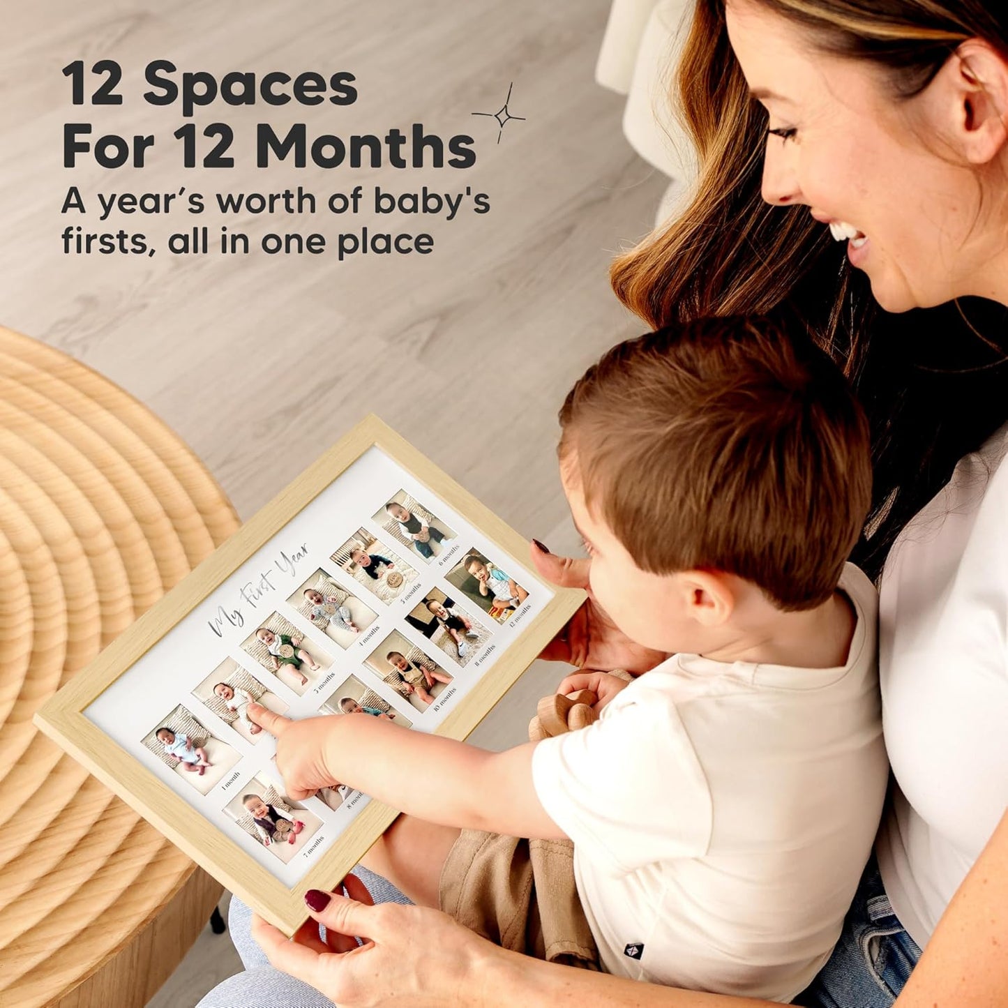 My First Year Photo Frame, 12 Months Baby Picture Frame for Newborn Girl,Boy - Baby Shower Gifts Keepsakes,Monthly Baby's One Year Birthday Milestone,1st Nursery Photo Collage Display Board (Ash Wood)