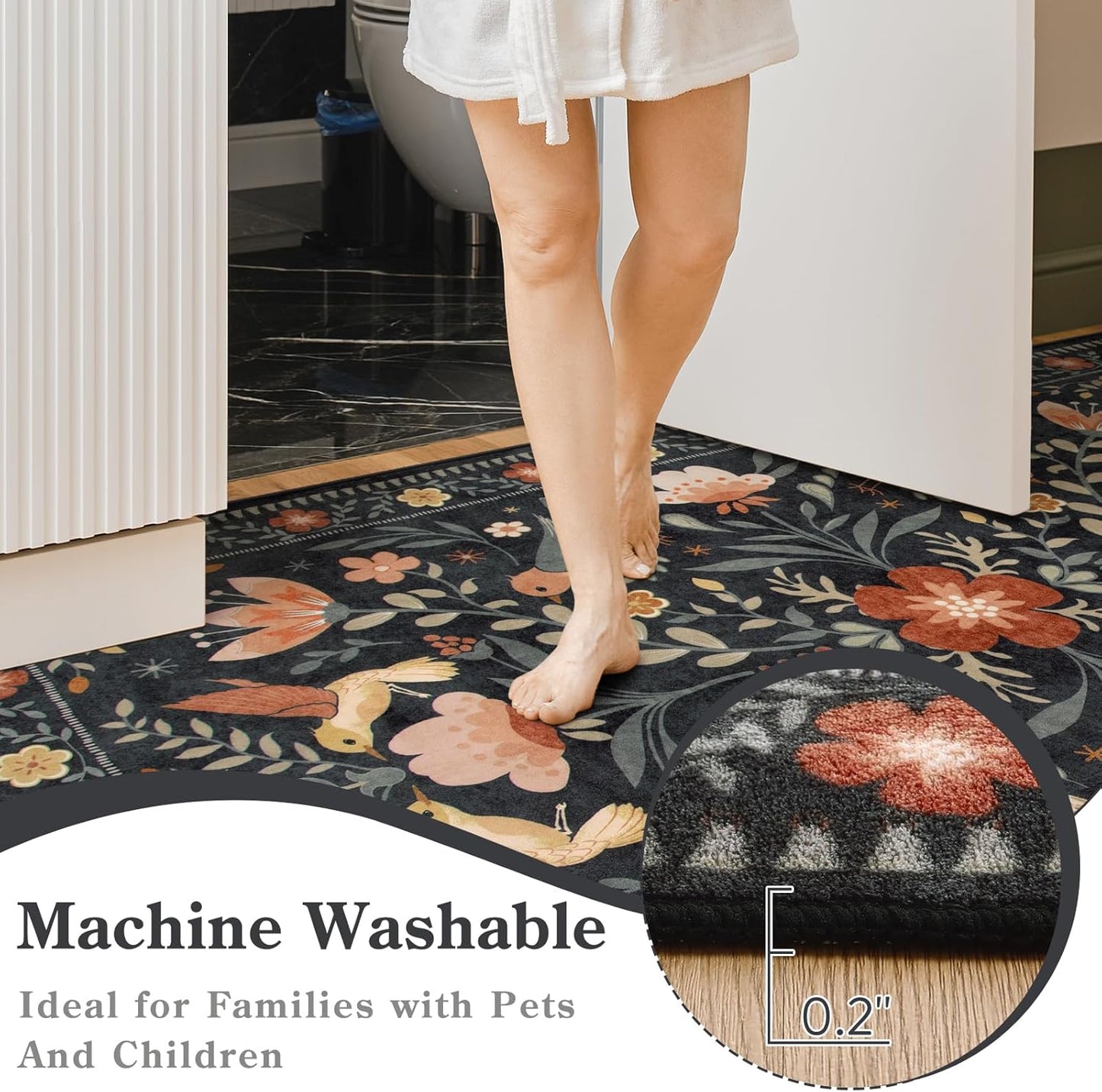 Moynesa Machine Washable 6x9 Area Rugs, Boho Bird Ultra Thin Living Room Rug Non Slip, Soft, Stain Resistant, Indoor Black Large Throw Carpet for Bedroom Office Dining Room Under Table