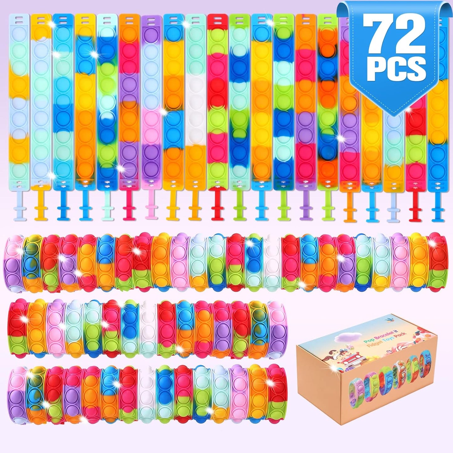 72 PCS Pop Bracelet it Fidget Toys Pack, Easter Fidget Bracelet Birthday Party Gifts, Decompression Wristband with Autistic & ADHD,Fidget Wristband as Return Gifts for kids, Fidgets Novelty Girls Toys