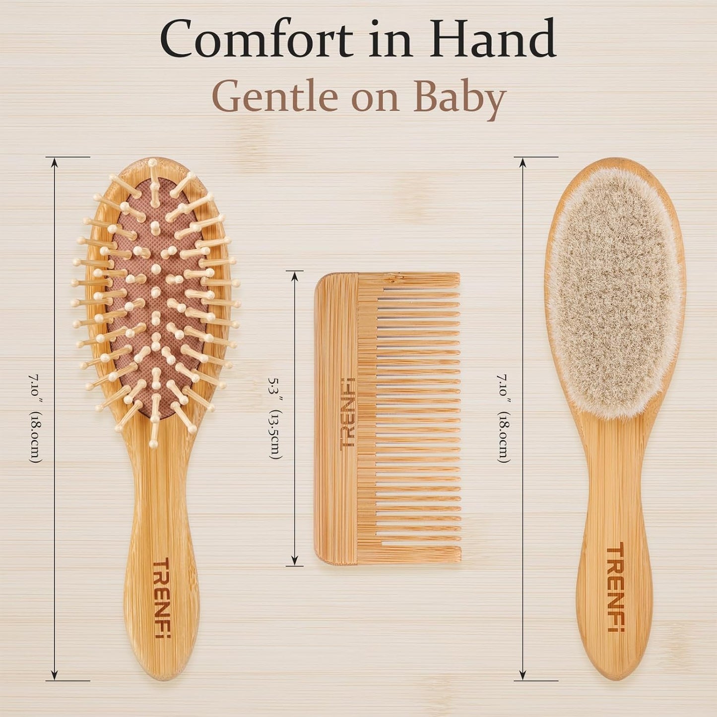Bamboo Baby Brush and Comb Set (3-Piece) | Ultra-Soft Goat Bristle Newborn Hair Brush for Gently Soothing Cradle Cap | Natural Massage Brush & Toddler Comb | Perfect Baby Registry & Shower Gift