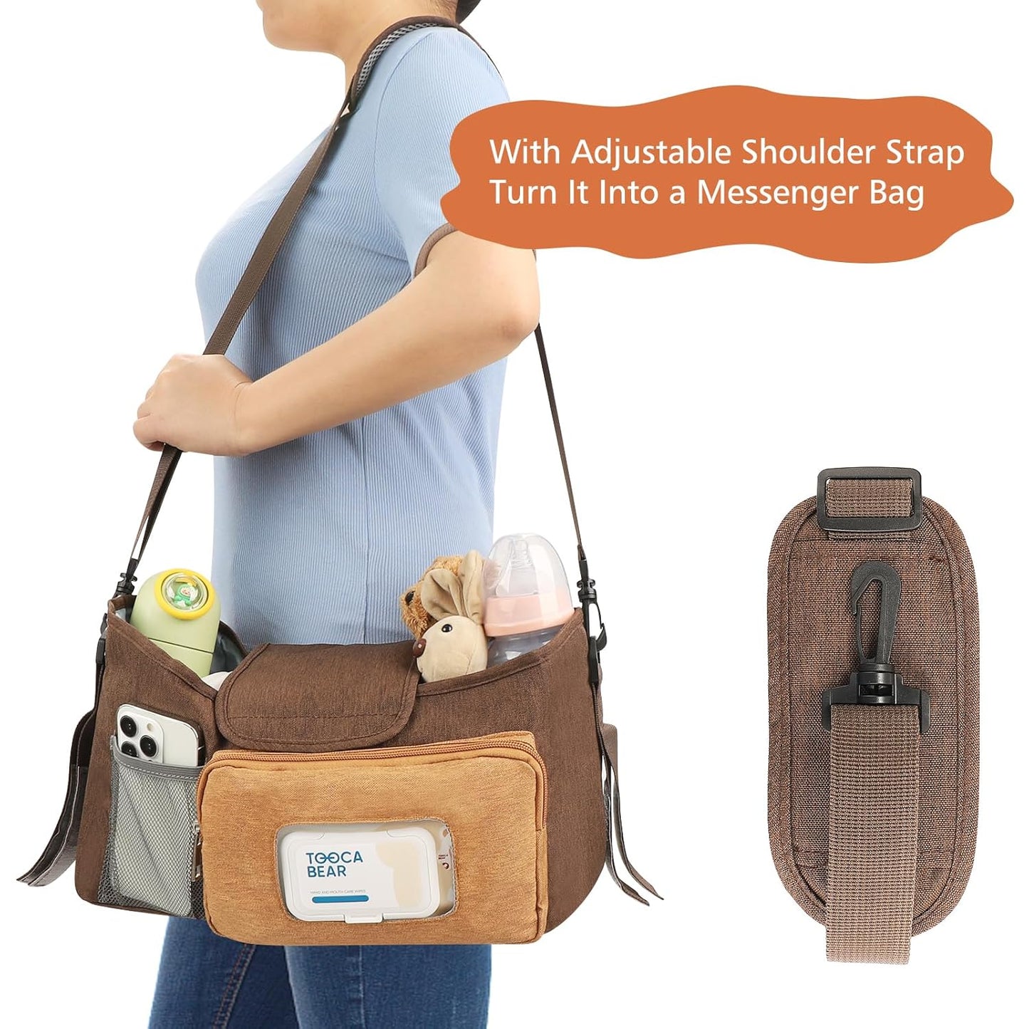 Accmor Universal Stroller Organizer with Insulated Cup Holder, Stroller Caddy Bag Accessories, Stroller Cup Holder Organizer for Uppababy Baby Jogger Britax Stroller, Brown