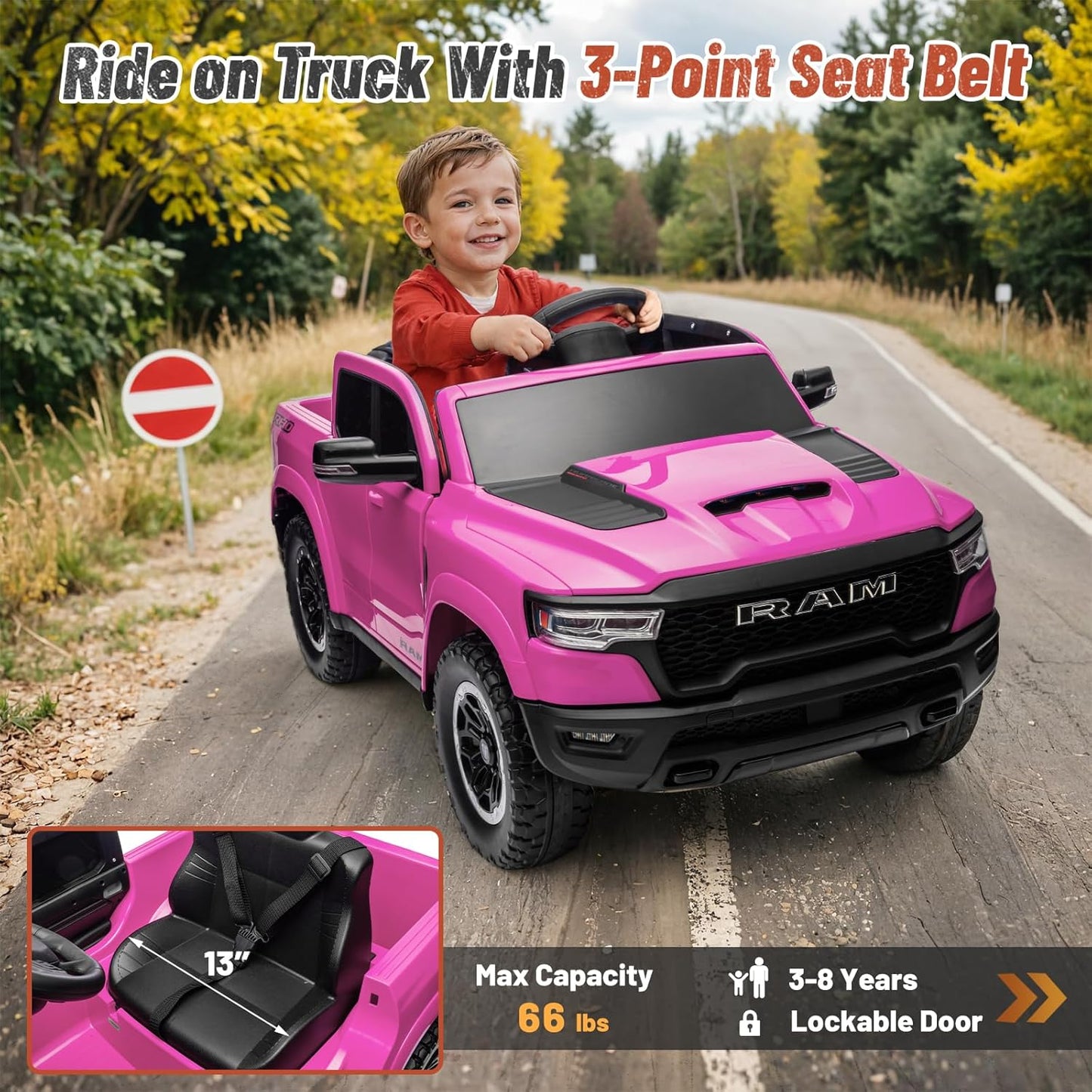 Licensed Ram 1500 Ride on Toys for Kids 4-8, Ride-on Electric Car for Kids with Remote Control, Battery Powered with Car Key/Gear Selector, LED Light/Music/MP3, Back Storage (Pink)