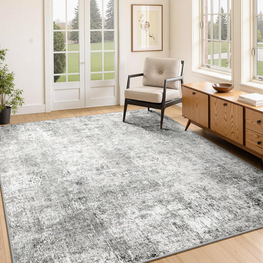 Washable Area Rugs 4'x6' Non-Slip Modern Abstract Soft for Living Room Entryway Bedroom Nursery, Print Pattern, Gray White Grey