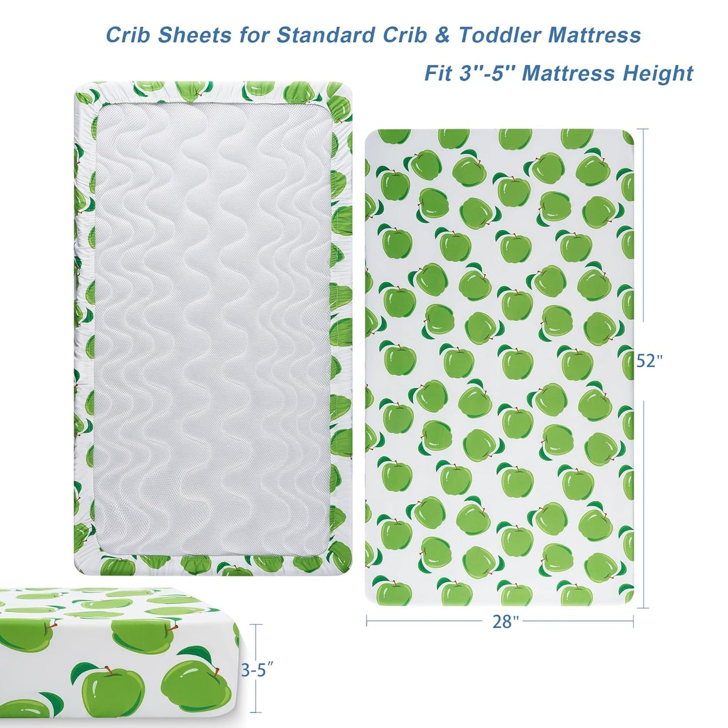 TILLYOU Baby Crib Sheets for Boys Girls, Super Soft Toddler Bed Sheets, 2 Pack Sheets for Standard Crib Mattress 28x52in, Green Apple