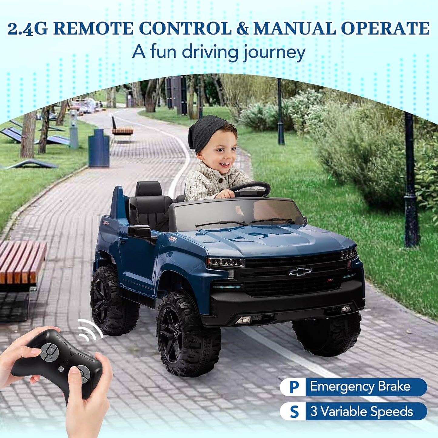 Hetoy 24V 2-Seater Truck Licensed Chevrolet Silverado Ride On Car Toy w/Parent Remote Control,4xSpring Suspension, 3 Speeds, Wireless Music, MP3 Player, Electric Vehicle Car for Kids, Blue