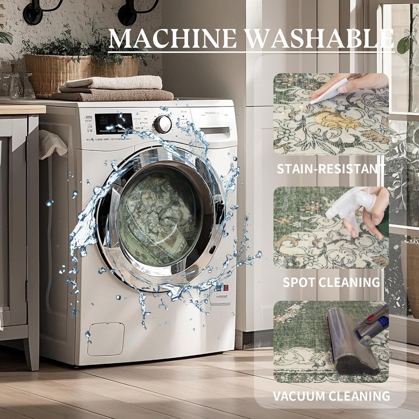 4x6 Area Rug Washable: Oriental Soft Area Rug for Living Room Bedroom No Shedding - Low Pile Thin Carpet Rug for Dining Room Non Slip - Boho Vintage Rug for Home Decor - Olive Green