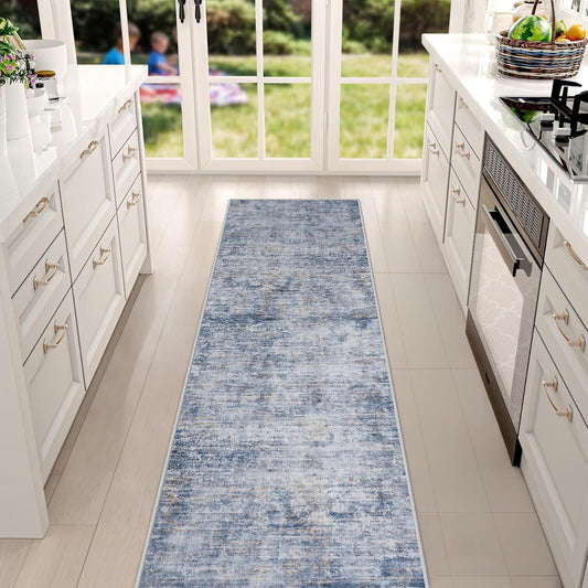 Runner Rug 2'6''x8' Kitchen Runner Rug: Modern Abstract Washable Area Rug with Non-Slip Backing, Thin Long Carpet Runner for Hallway, Bedroom, Laundry Room-Blue/Brown