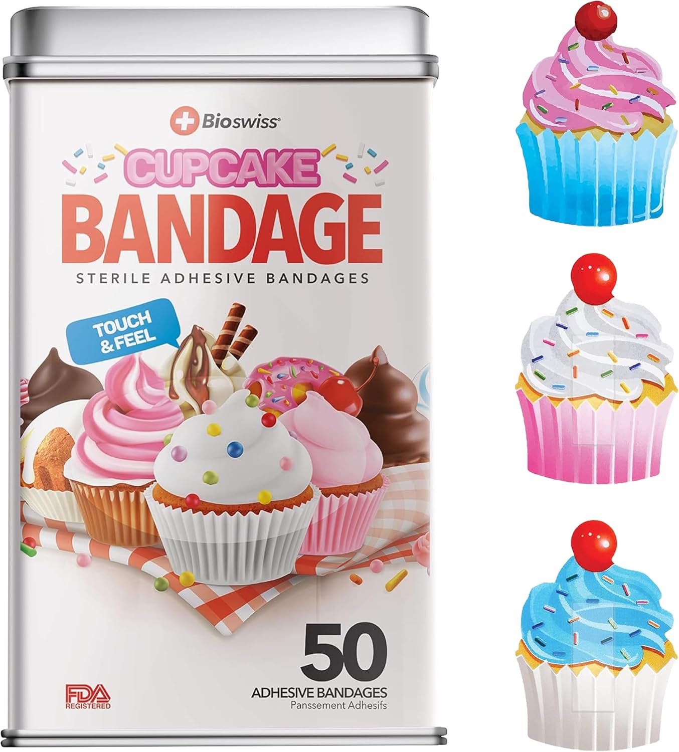 BioSwiss Bandages, Cupcake Shaped Self Adhesive Bandage, Latex Free Sterile Wound Care, Fun First Aid Kit Supplies for Kids, 50 Count