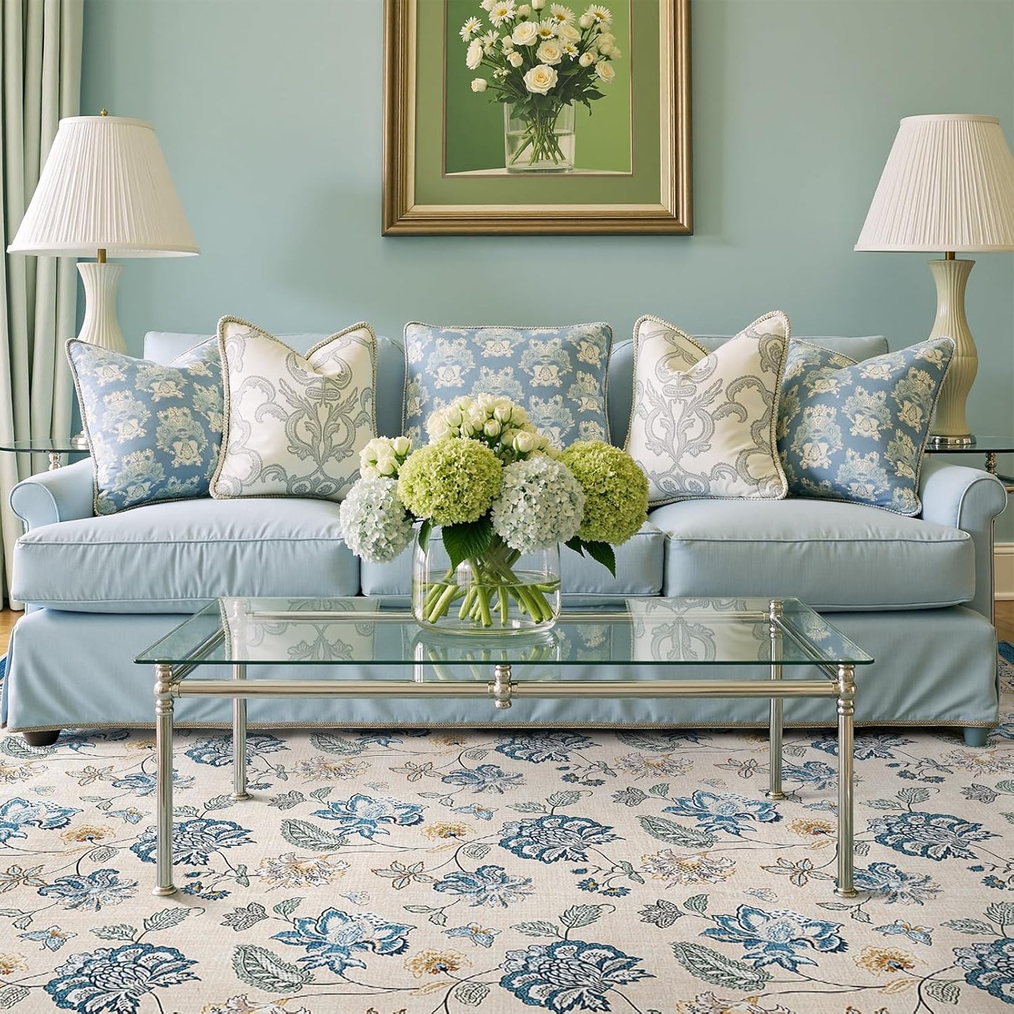 jinchan 8x10 Floral Rug for Living Room Washable Bedroom Rug Vintage Romance Design Non Slip Thin Indoor Floor Cover Large Low-Profile Throw Carpet for Dining Room Office, Blue/Beige