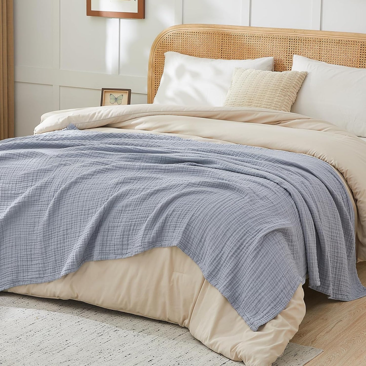 EMME Cotton Muslin Throw Blanket Couch Breathable Gauze Blanket Soft Lightweight Blankets Adults (Dusty Blue, 50"x60")