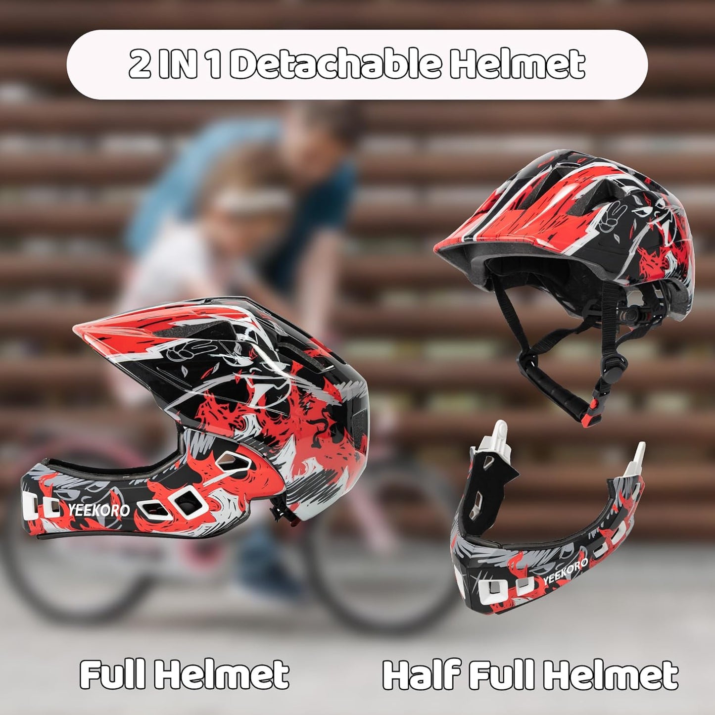 Kids Bike Helmet with Chin Guard, Adjustable Detachable Children’s Full Face Helmet for Girls and Boys, Cycling Helmets Skateboard, Scooter