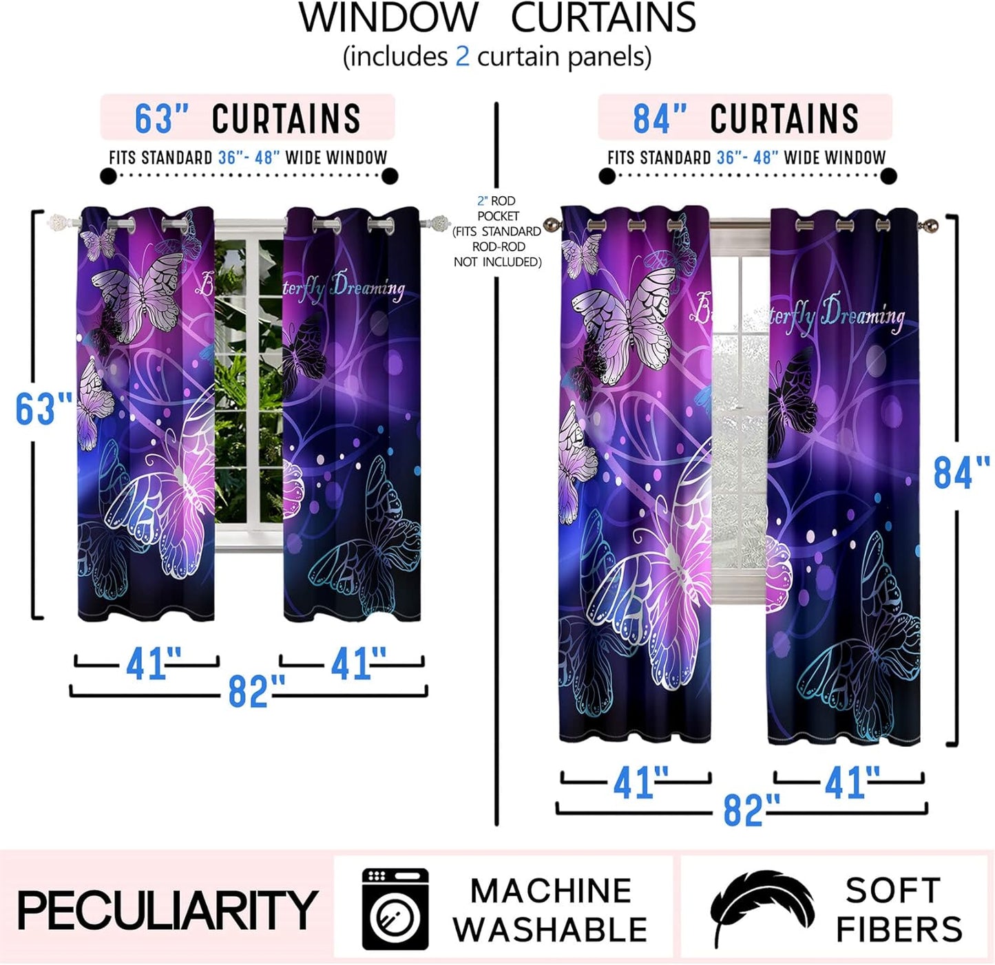Butterfly Window Curtain Panels Purple Blackout Girls Curtains for Bedroom 2 Panels Curtains 84 inch Length for Girls Bedroom Nursery Room Grommet Top Thermal Insulated Curtains, 82" x 84"