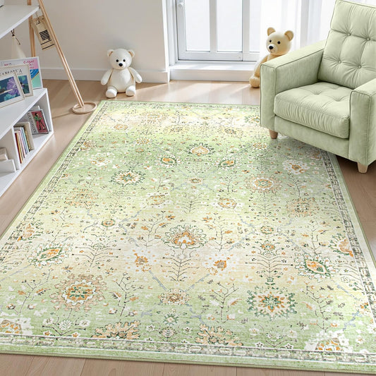 Lahome 5x7 Sage Green Rugs for Bedroom, Soft Boho Rug for Living Room, Machine Washable Floral Carpet Non Slip for Nursery Playroom Indoor