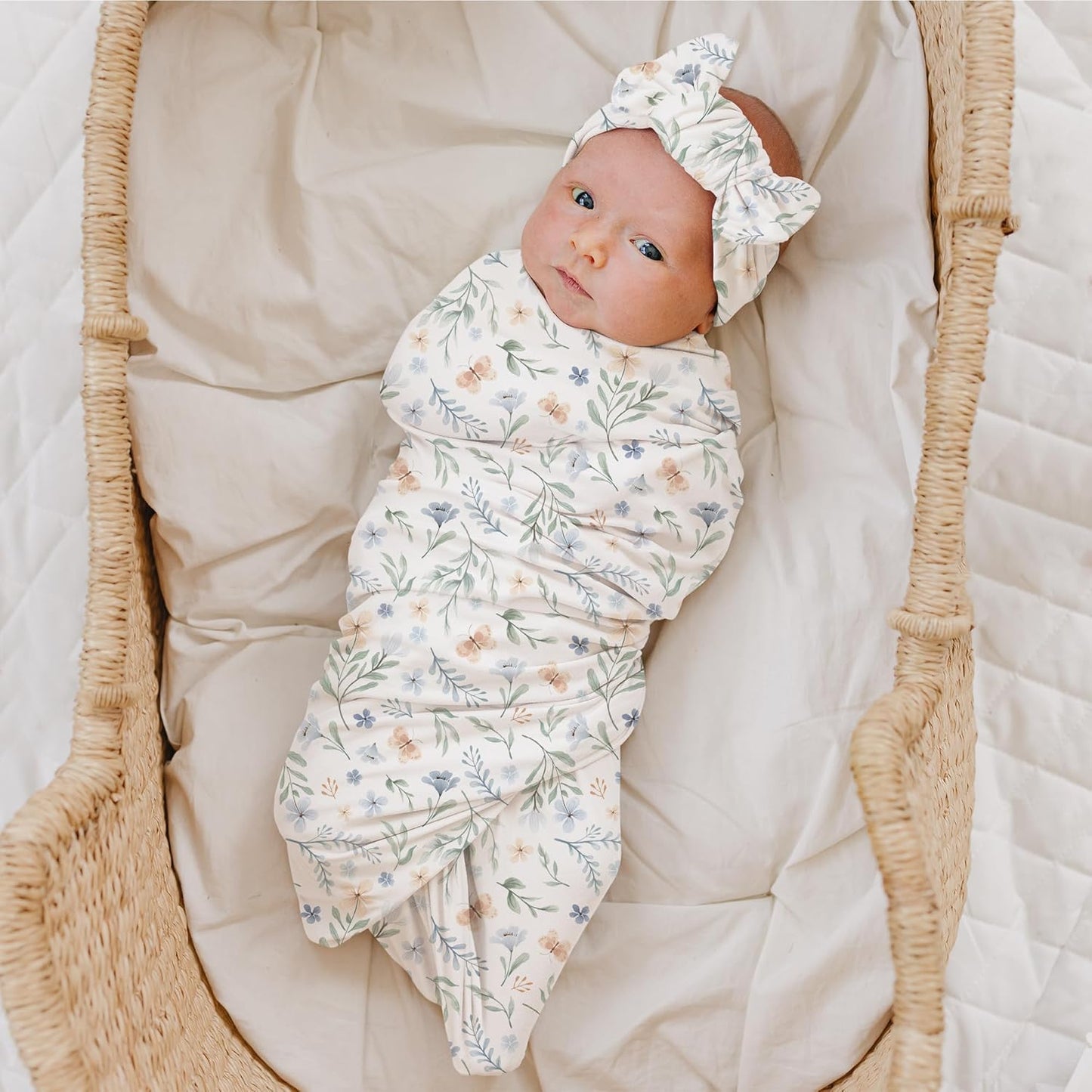 Konssy Baby Girl Newborn Receiving Blanket with Matching Headband and Beanie Set Baby Swaddle Nursery Swaddle Wrap