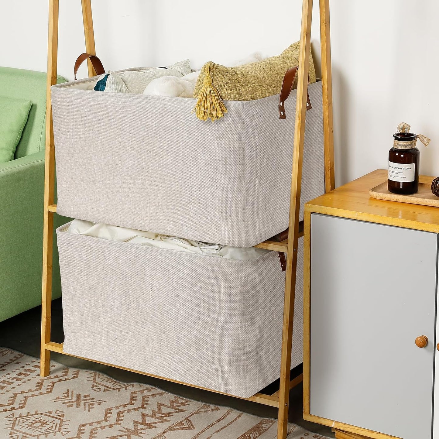 DULLEMELO Beige Storage Baskets for Organizing, Set of 2 Extra Large Canvas Fabric Storage Baskets with Handles, Foldable Storage Bins Baskets for Blankets Living Room