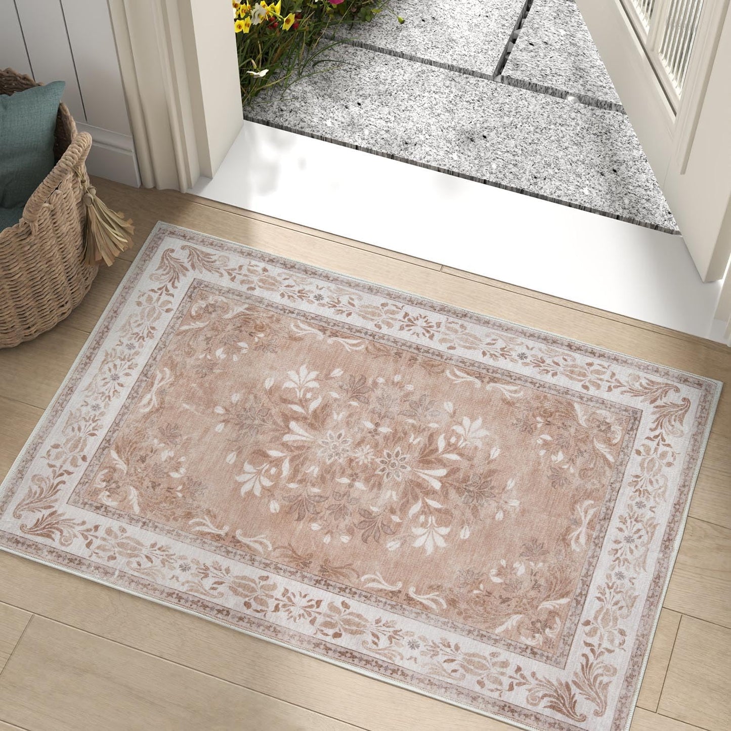 jinchan Floral 2x3 Rugs for Entryway - Vintage Washable Area Rug Ultra-Thin Low Pile Soft Small Non Slip Distressed Indoor Door mat Accent for Entrance Kitchen Bedroom (2x3ft,Coral Pink)