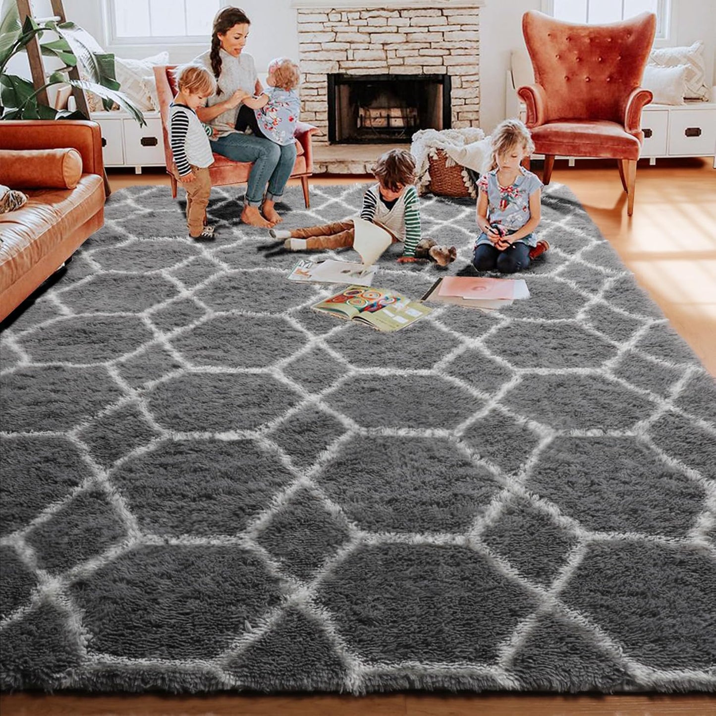 ONASAR 5x7 Area Rugs for Living Room Bedroom, Washable Fluffy Grey and White Faux Fur Bedside Rug, Geometric Boho Soft Plush Shaggy Floor Carpet Mat for Nursery Kids Girls Teen Dorm Home Decor