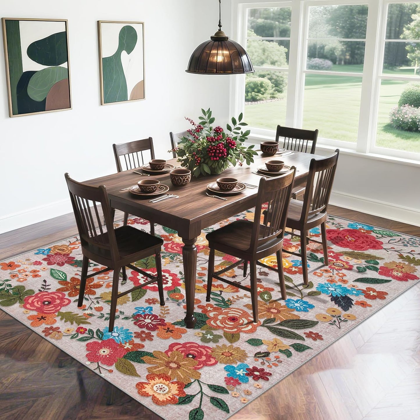 9x12 Area Rug for Living Room: Vintage Floral Washable Rug Soft Boho Non Slip Carpet Large Indoor Floor Non Shedding Low Pile Thin Carpets for Bedroom Dining Room Farmhouse Nursery Home Office Beige