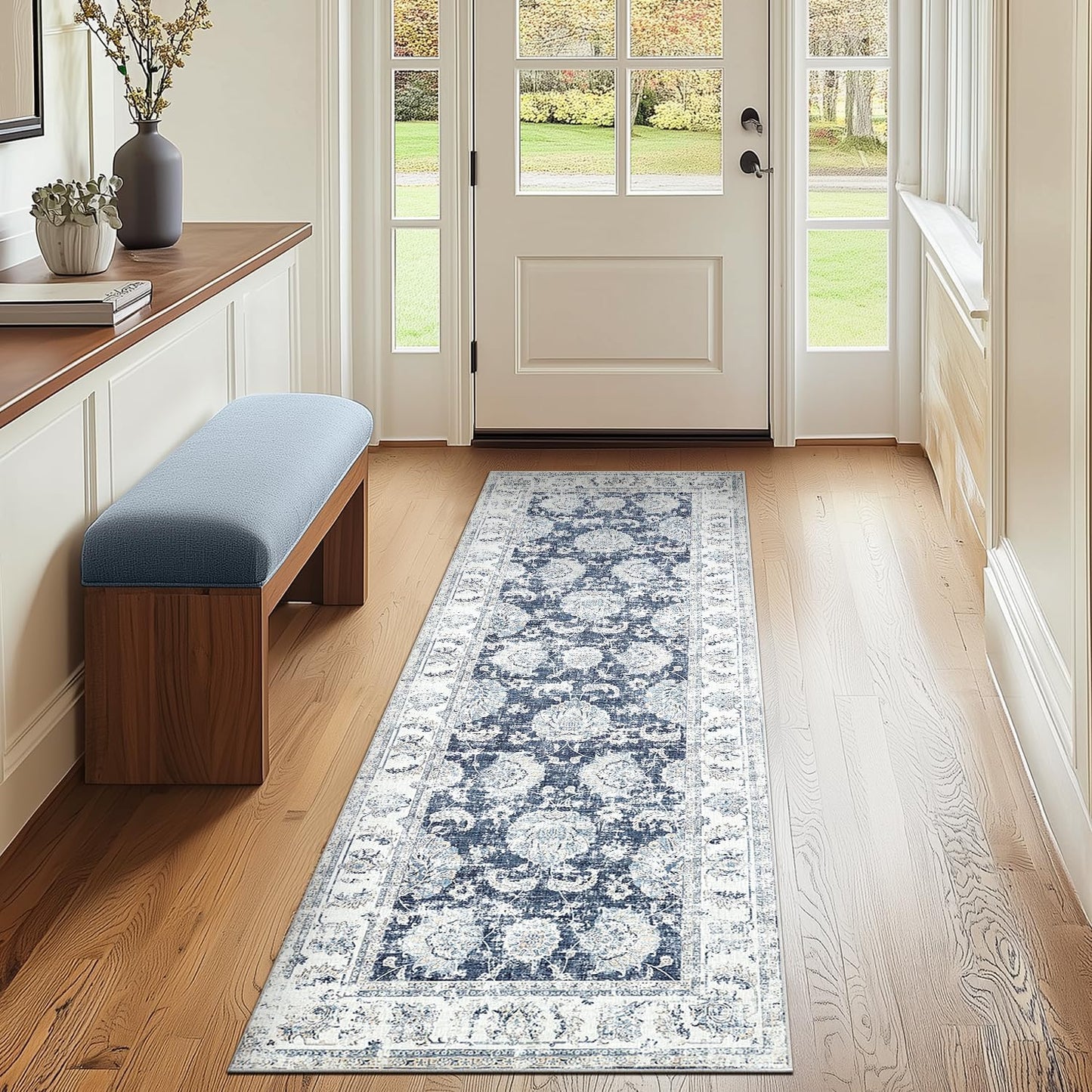 jinchan Runner Rug 2x6 Machine Washable Hallway Rug Dark Blue Vintage Floral Print Non-Slip Low Pile Ultra-Thin for Kitchen,Entryway,Laundry Room,Bedroom,Farmhouse (2‘x6’,Dark Blue)