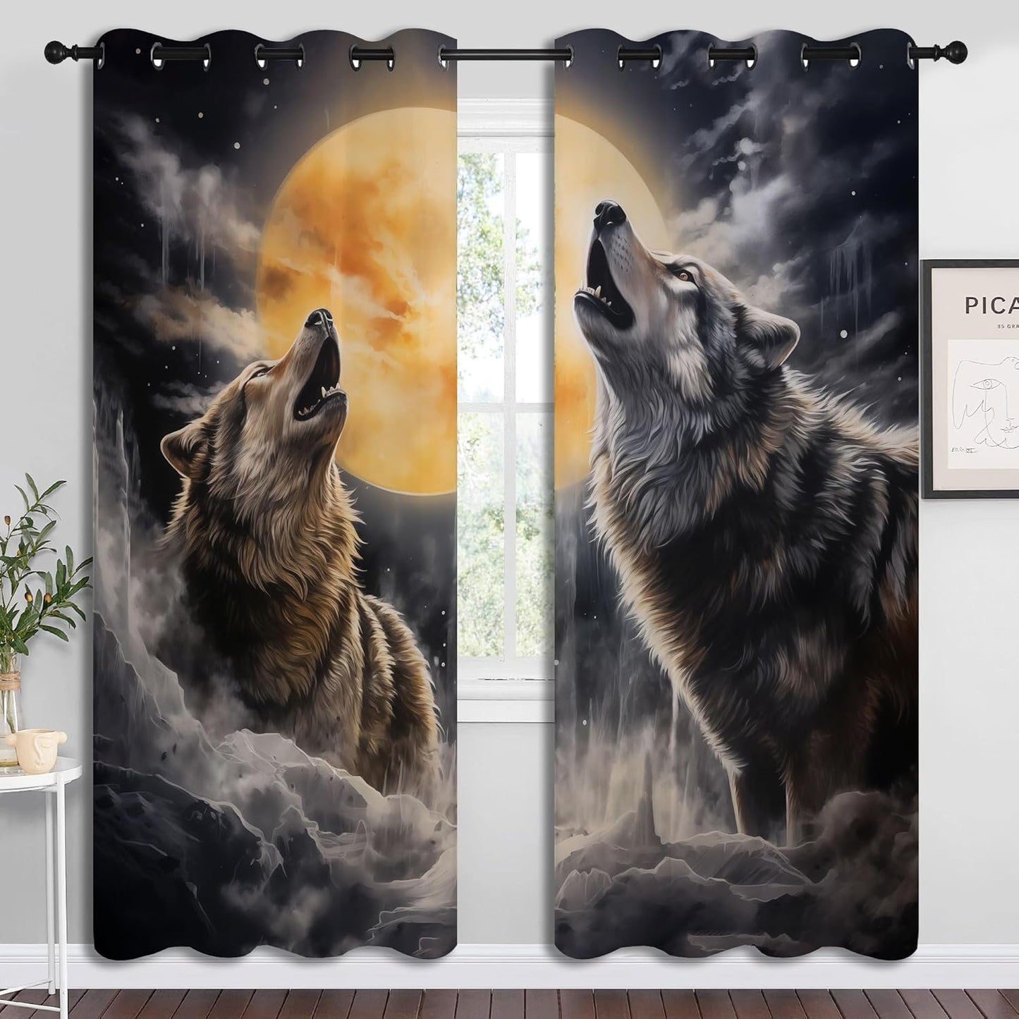 Fantasy Wolf Blackout Curtains for Boys Girl Bedroom Decor,Full Moon Starry Sky Wildlife Retro Thermal Insulated Grommet Drapes Darkening Window Curtain for Living Room Home 72x63 inch