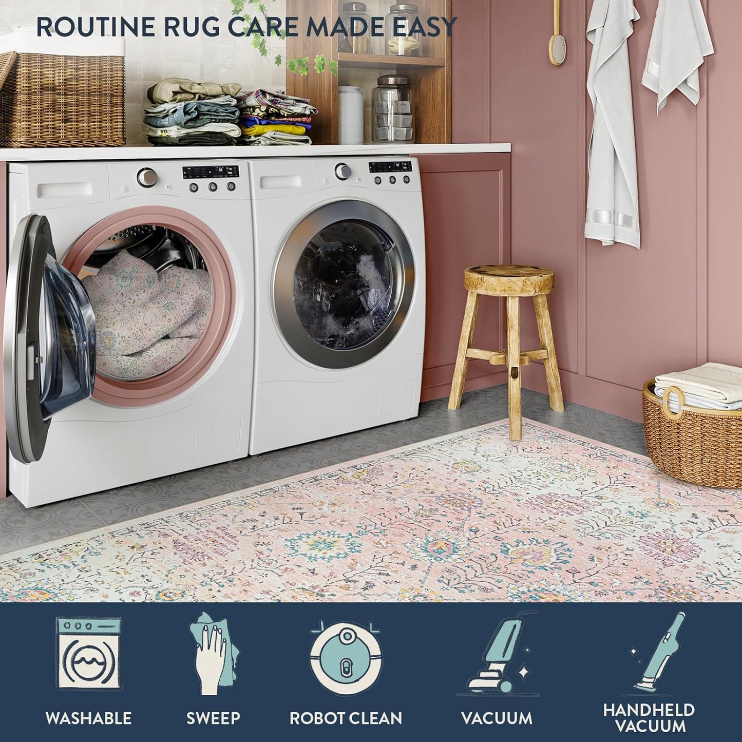 Lahome Pink Boho Area Rug, 8x10 Washable Rugs for Bedroom Girls Living Room, Soft Blush Floral Non Slip Pastel Thin Floor Carpet for Classroom Playroom Home Decor