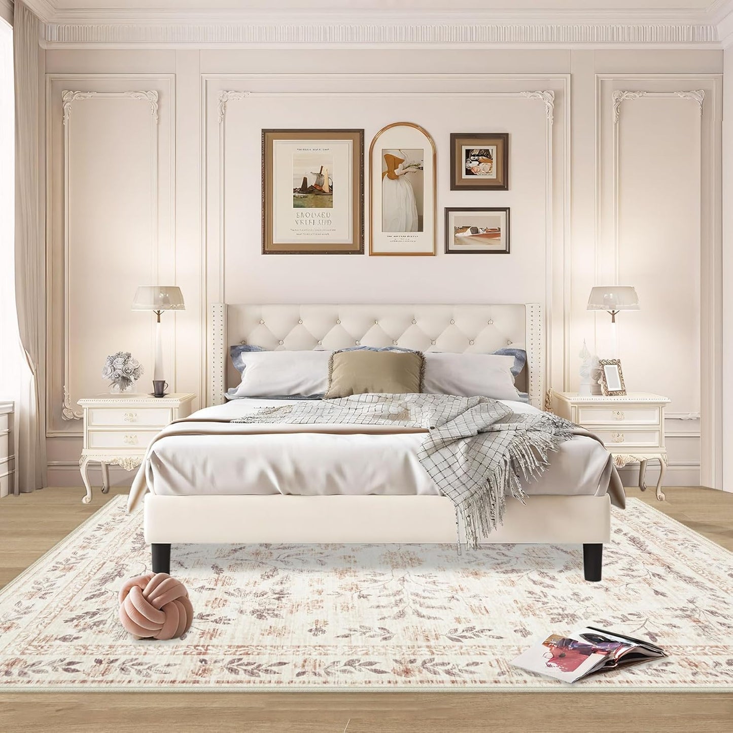 Rugs for Living Room 9x12 Rug, Washable Floral Boho Area Rug Non Slip Soft Low Pile Large Rugs for Bedroom Girls, Dining Room, Office, Kids Playroom(9'x12', Floral Beige)