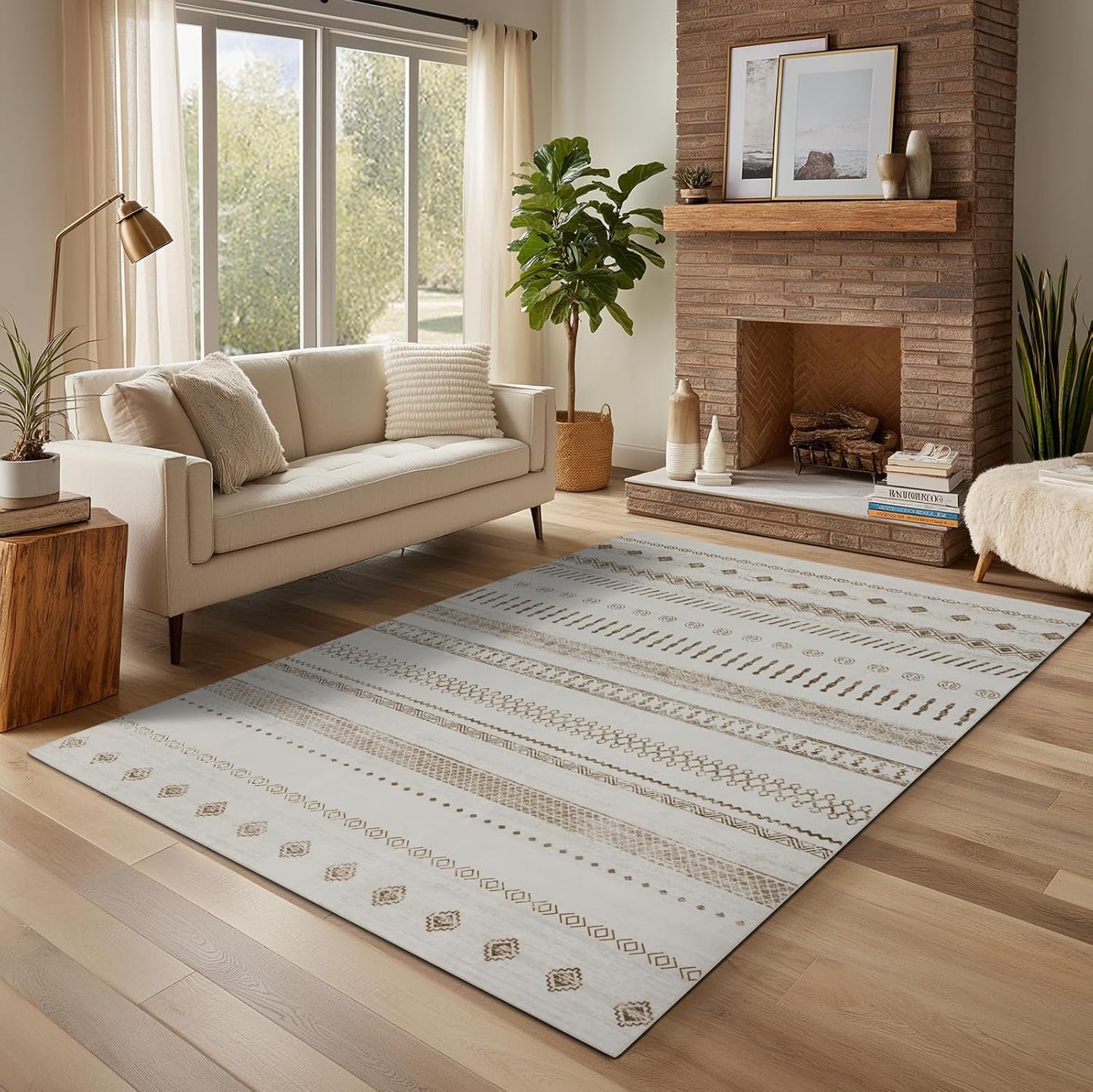 Washable Rugs 5x7 Area Rugs for Living Room, Thin Carpet for Bedroom, Boho Soft Faux Wool Retro Dining Room Rug，Non Slip&Non-Shedding Resistant Low Pile Vintage Print Rug for Home Office (Beige)