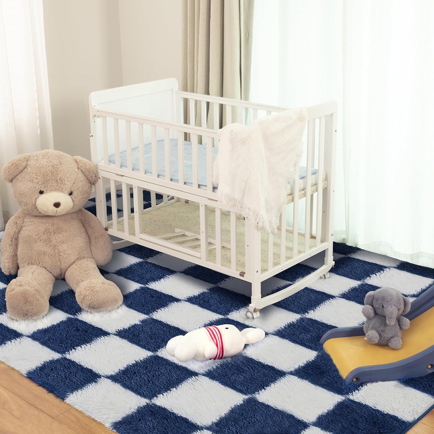 Super Soft Rug for Bedroom, 6x9 ft Blue and White Area Rug Classic Checkered Shaggy Anti-Skid High Pile Soft Fluffy Rug Fuzzy Carpet for Living Room Bedroom Kids Room Nursery, Dorm