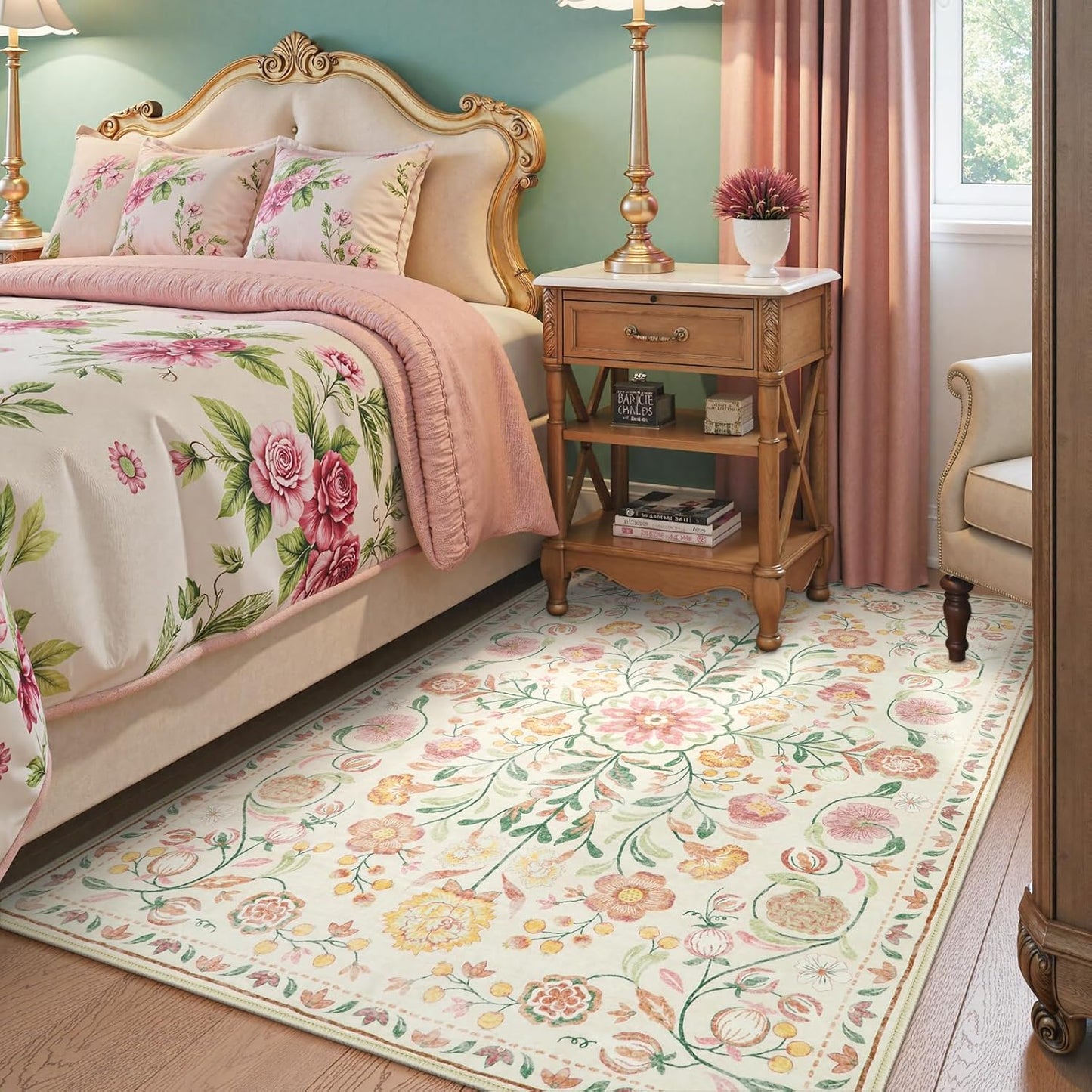 Anidaroel Boho Rugs for Bedroom, Washable Area Rugs 5X7 Soft Rug for Living Room, Non Slip Distressed Beige Floral Rug, Stain Resistant Indoor Carpet for Bedside Apartment Foyer