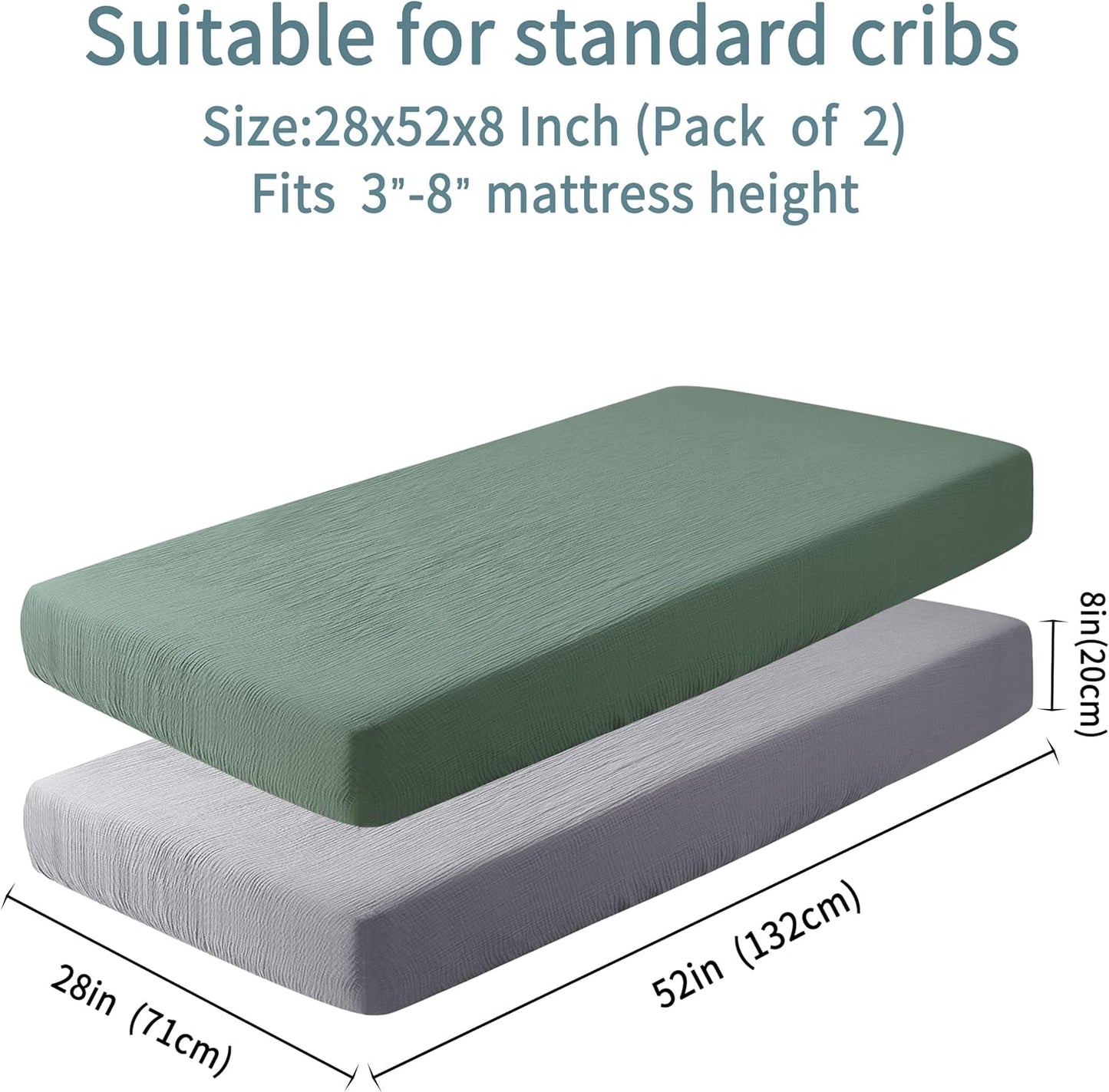 Muslin Crib Sheets for Boys Girls 100% Cotton Fitted Baby Crib Sheet 2 Pack Soft and Breathable for Standard Crib Mattress & Toddler Mattress 52x28in (Gray & Green)