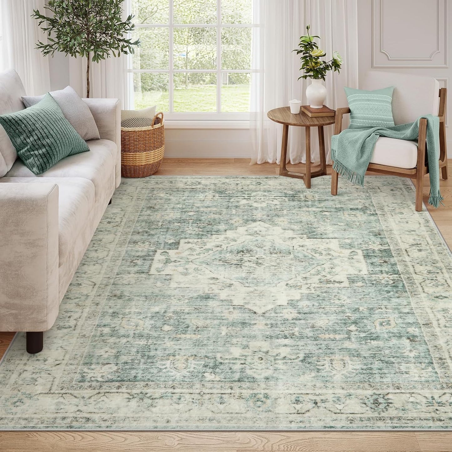 LIVEBOX Washable Area Rug 8x10 Rugs for Living Room Bedroom, Non-Slip Boho Indoor Carpet for Dining Room Office, Low-Pile Farmhouse Soft Carpets for Kids Nursery Playroom, Sage Green
