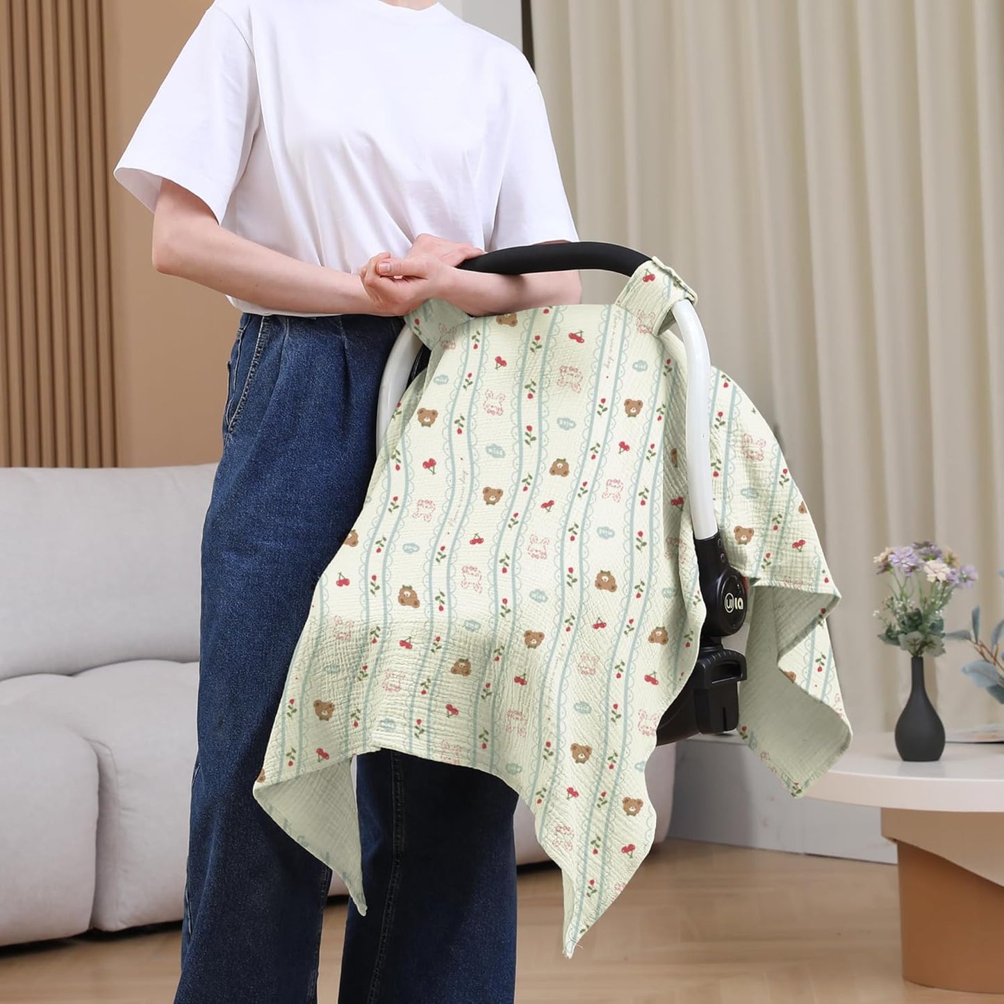 100% Muslin Cotton Car Seat Cover Baby, Carseat Canopy Cover, Universal Fit Stroller Covers for Boys and Girls (Nice Day)