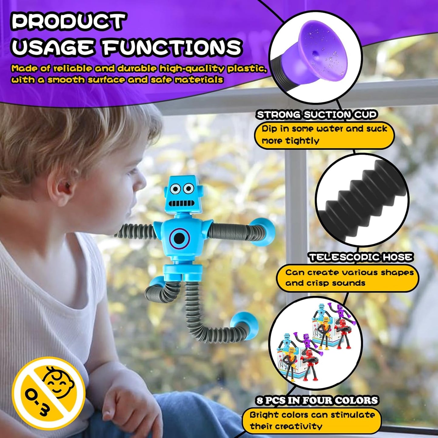 Autism Sensory Toys for Kid Boys Year Old Ages 4 5 6 7 8 9 10(8PCS), Suction Robot Toy Pop Tube Fidget Toys Autistic Travel Toys Valentine's Day Gift Easter Basket Stocking Stuffer for Kids
